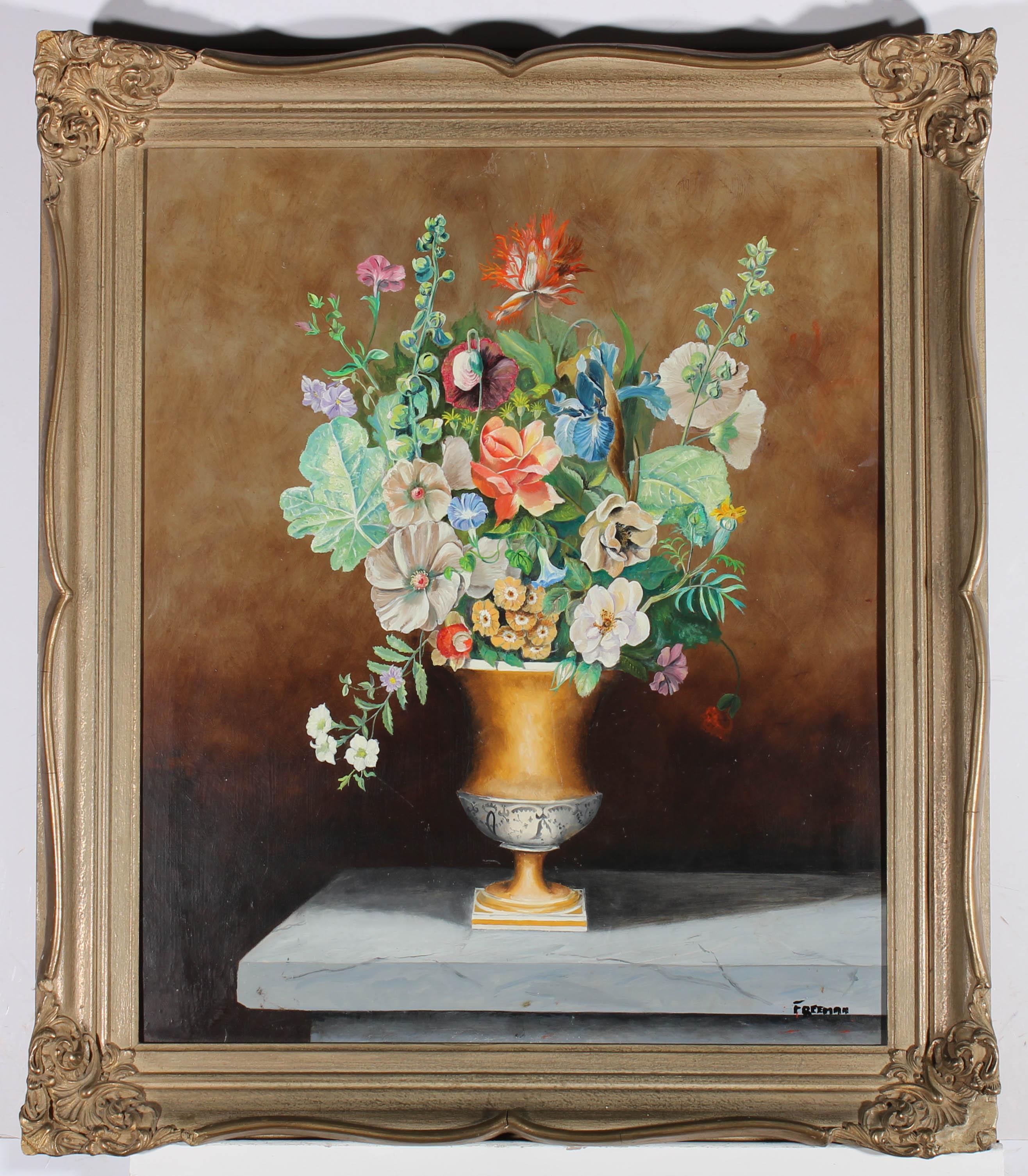 Freeman - Framed 20th Century Oil, Elegant Blooms in a Golden Urn For Sale 1