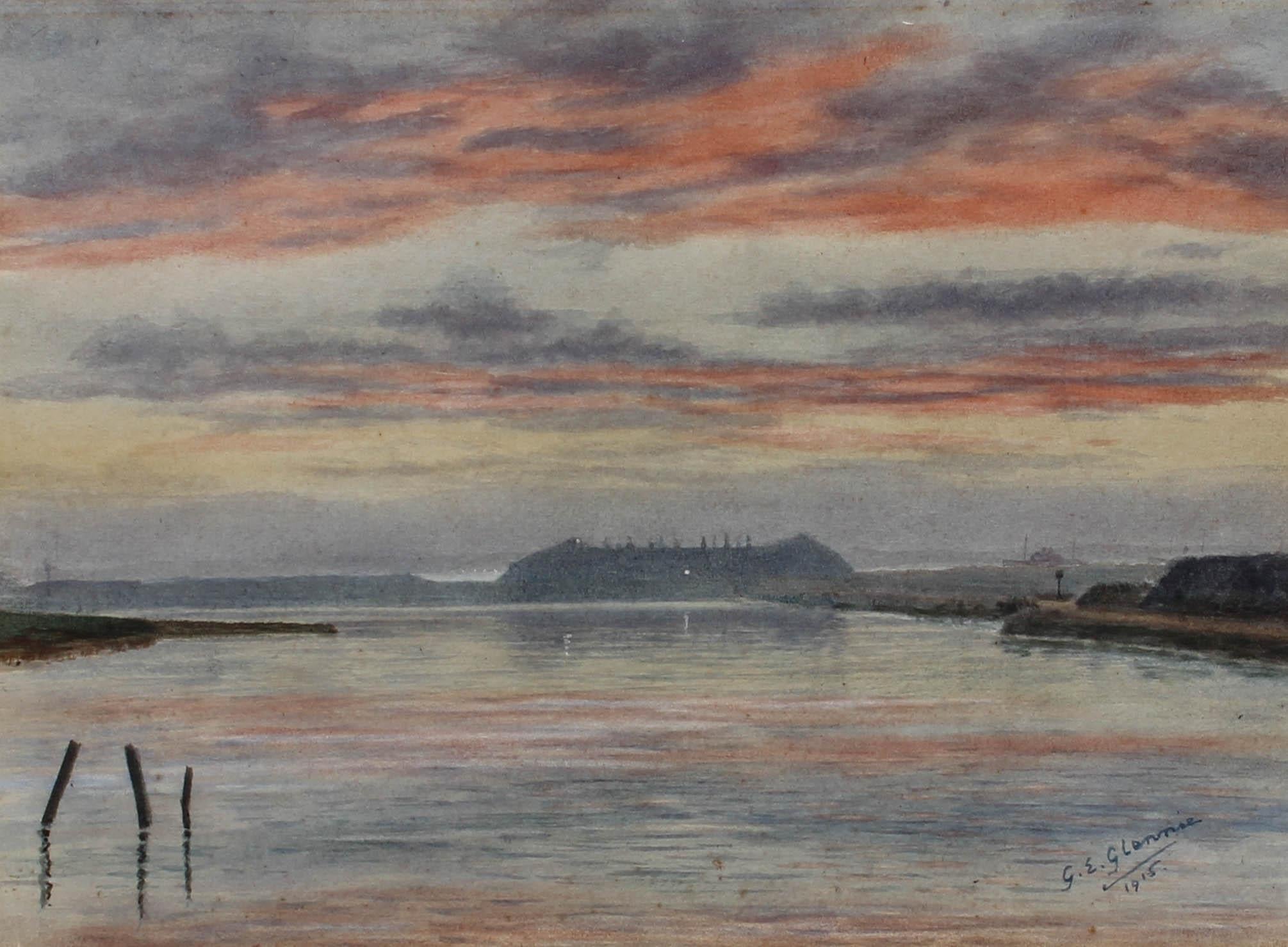 Aquarelle encadrée de G. E. Glennie, coucher de soleil au-dessus d'un port, 1915 1