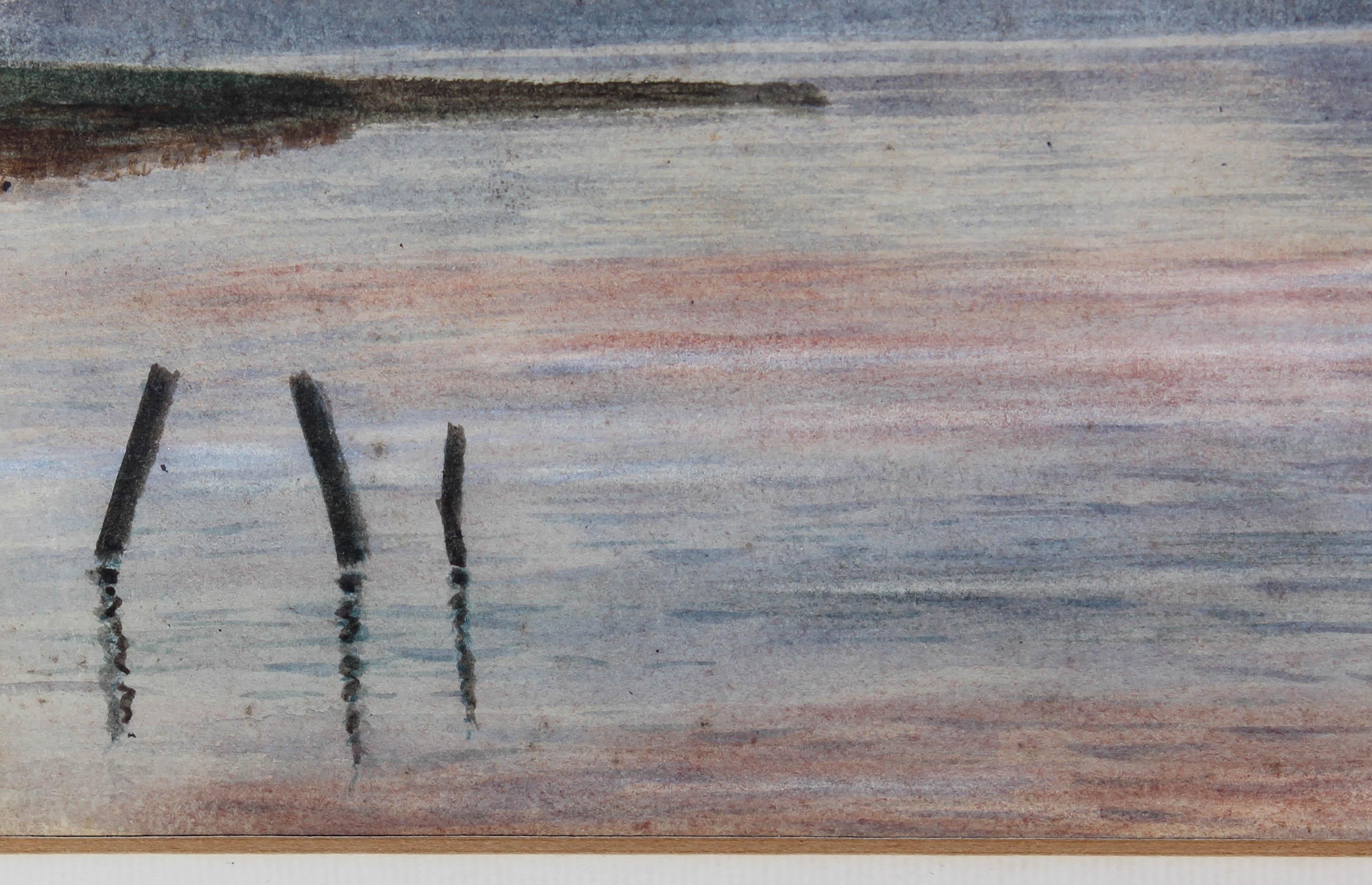 Aquarelle encadrée de G. E. Glennie, coucher de soleil au-dessus d'un port, 1915 4