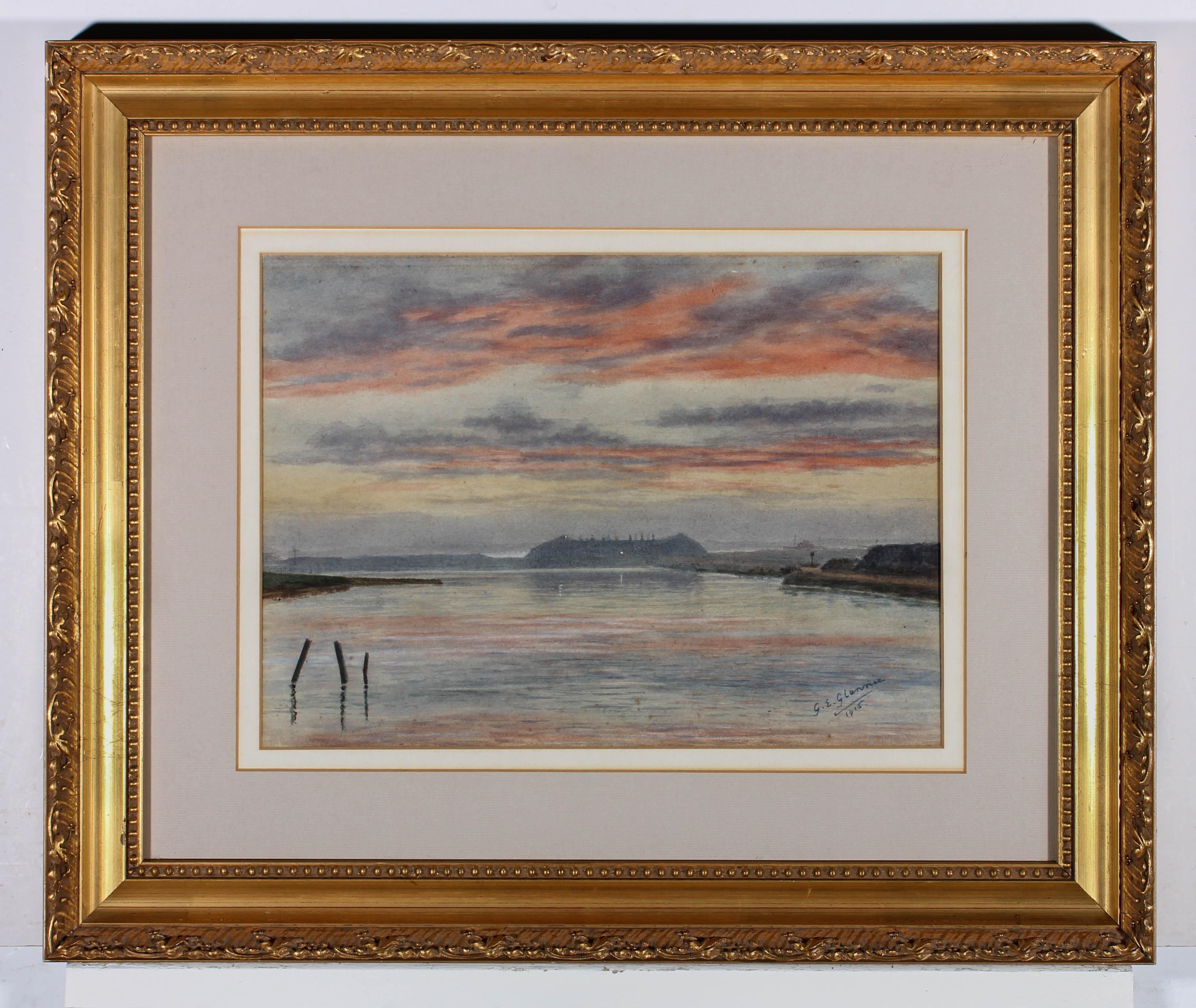 Aquarelle encadrée de G. E. Glennie, coucher de soleil au-dessus d'un port, 1915 2