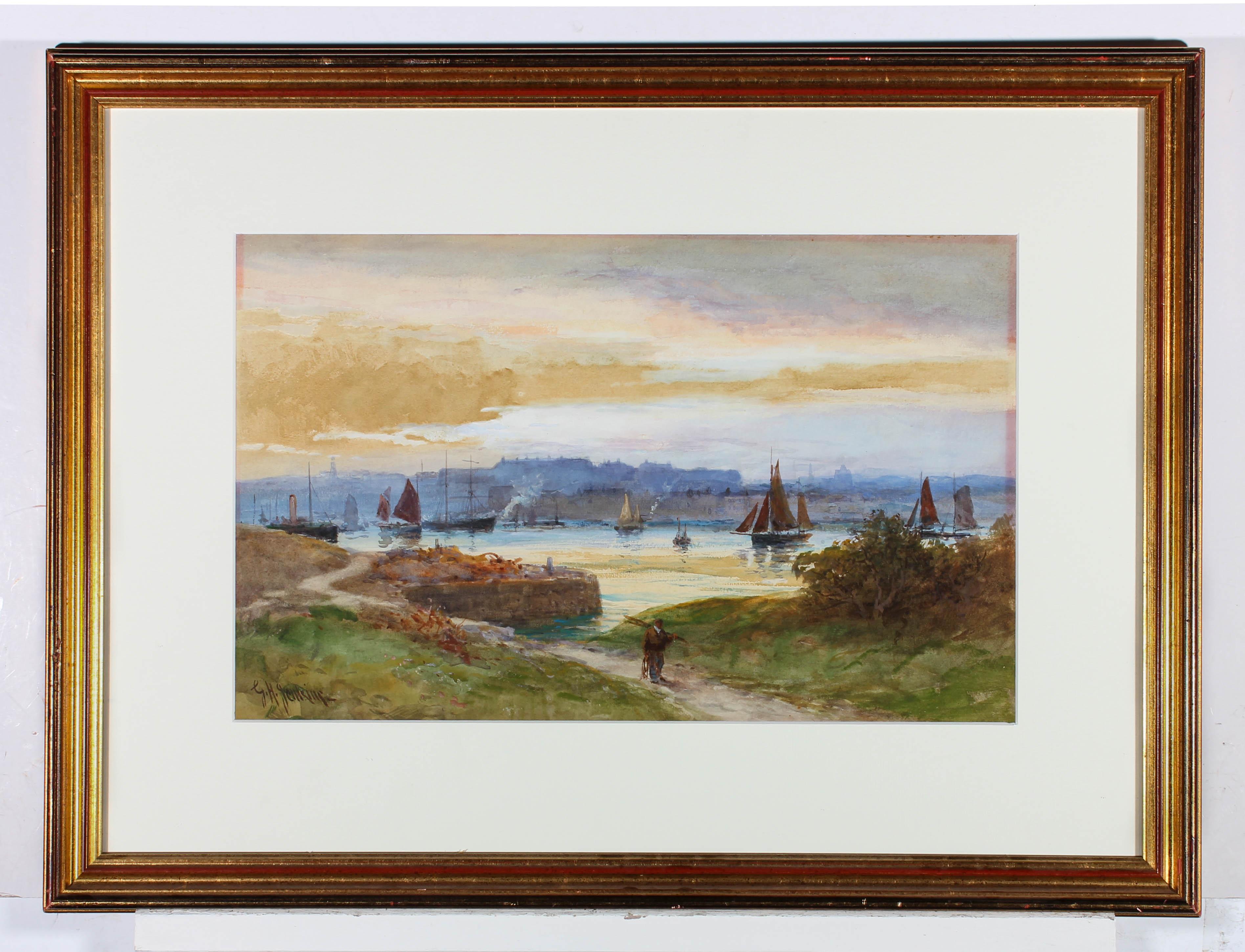 Fino paisaje costero de finales del siglo XIX, obra del conocido pintor de marinas de West Country, George Henry Jenkins. Esta ajetreada escena de navegación muestra una vista nocturna a través de un estuario hacia una ciudad costera. Firmado en la