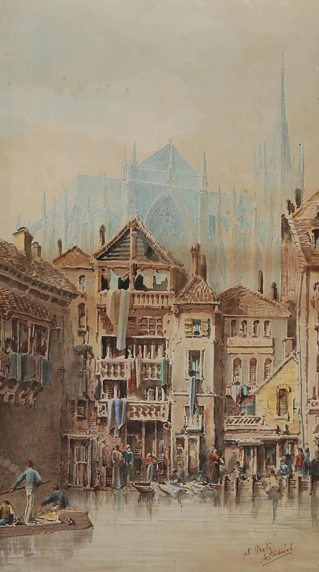 A fine early 20th Century watercolour view of the streets of Metz, France, with the majestic Cathédrale Saint Étienne visible in the distance beyond the rooftops. The artist has signed and inscribed the location to the lower right corner. The