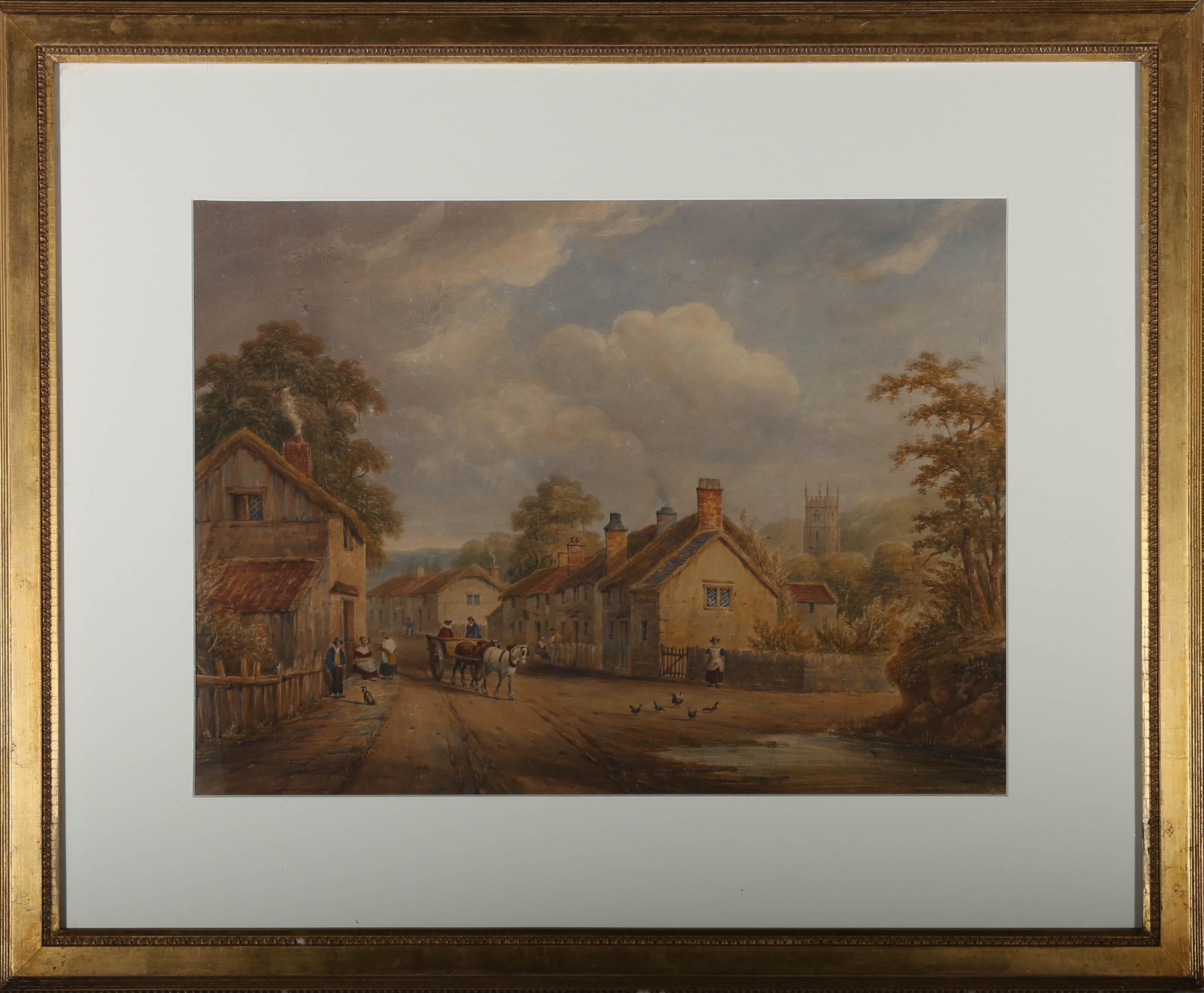 Unknown Landscape Art - Framed Mid 19th Century Watercolour - Village Scene with Horse Drawn Cart