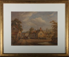 Antique Framed Mid 19th Century Watercolour - Village Scene with Horse Drawn Cart