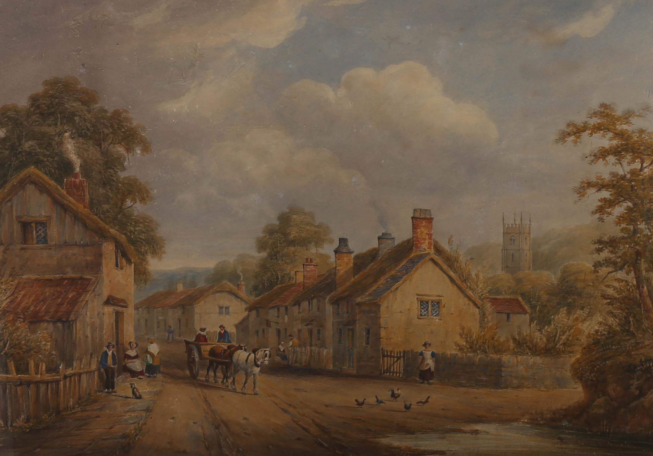 A large mid 19th century watercolour depicting a charming thatched cottage village scene with church. Figures can be seen going about their daily errands. Presented in a large glazed gilt frame with white card mount. On watercolour paper.
