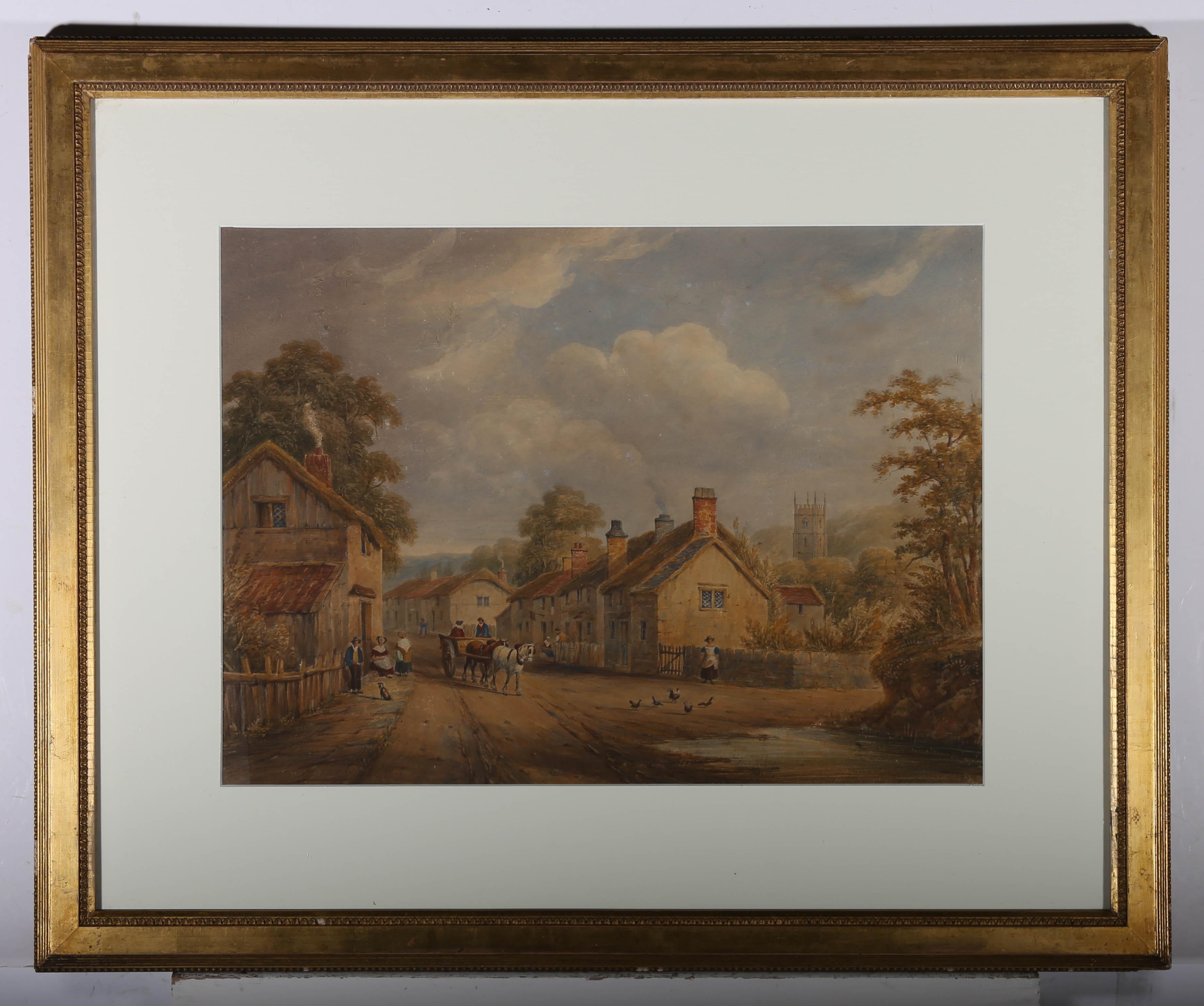 Framed Mid 19th Century Watercolour - Village Scene with Horse Drawn Cart For Sale 1