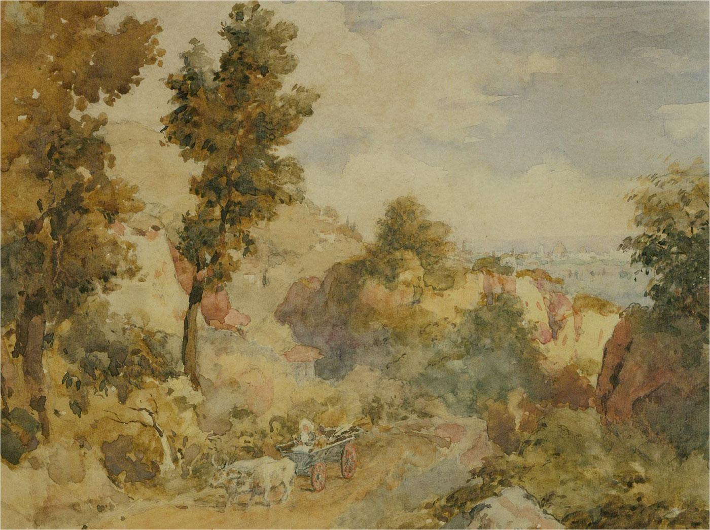 Framed Late 19th Century Watercolour - Country scene with Wagon - Brown Landscape Art by Unknown