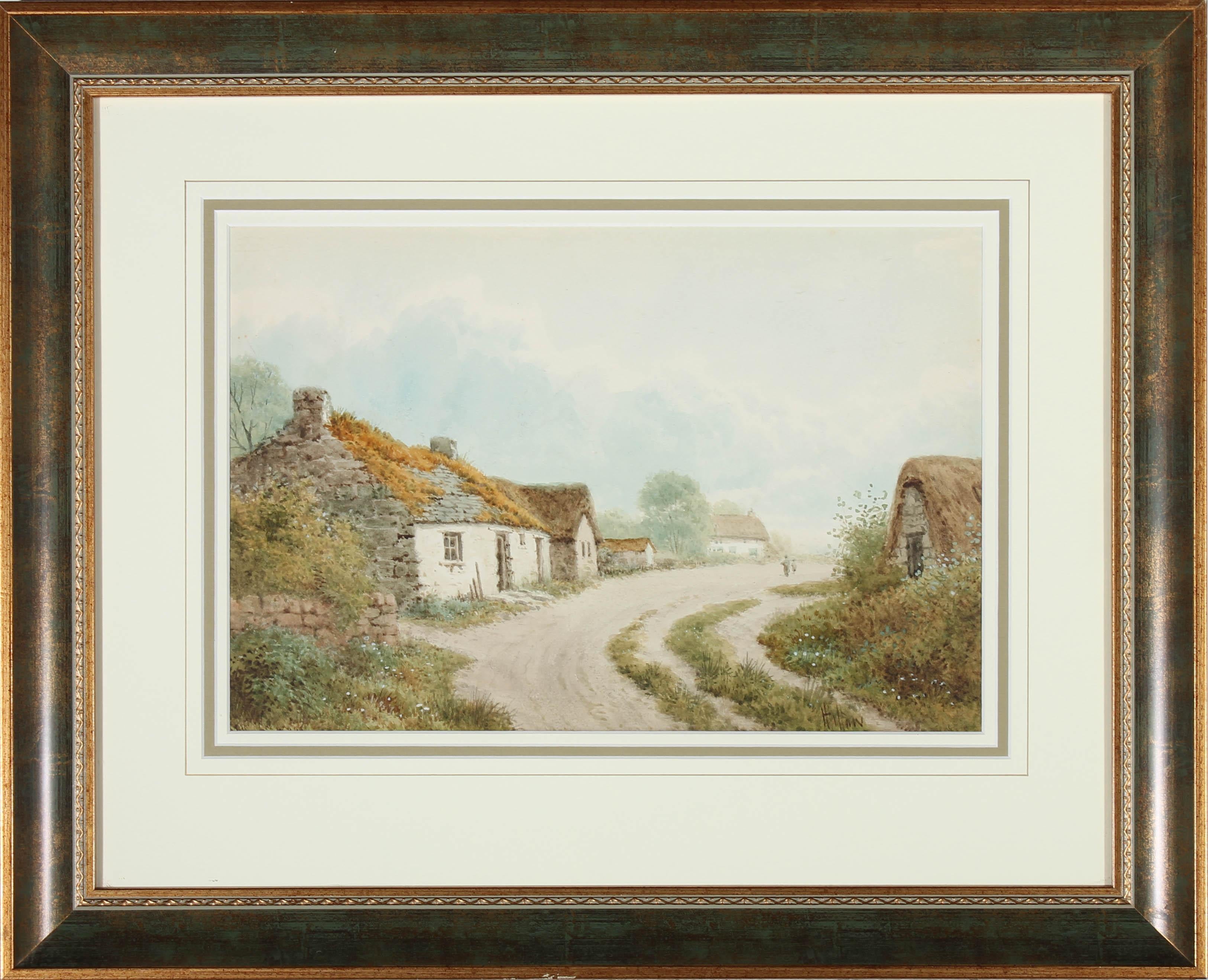 A late 19th century watercolour from artist Henry Hilton, known for his pastoral scenes and English landscapes. This piece depicts a quaint village street with a cottage and figures in the distance. Presented in a glazed part-gilt frame.