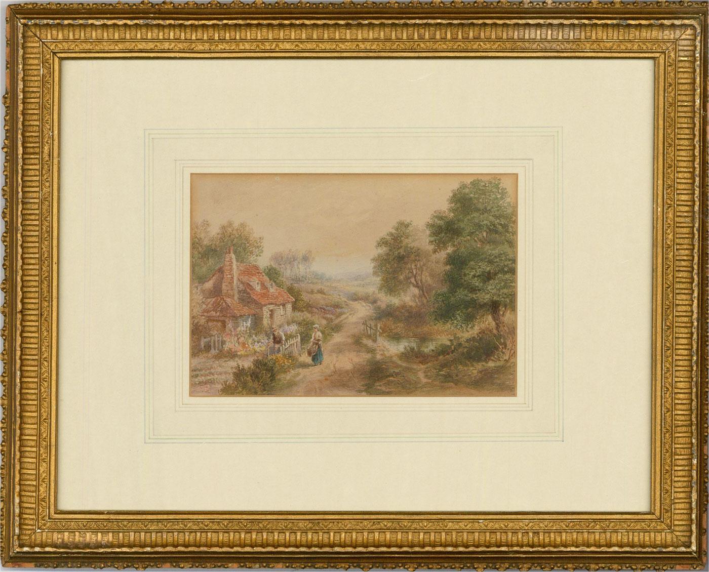 A fine rural landscape in watercolour showing a charming cottage dwelling with figures. The painting is signed with a monogram to the bottom left. Well presented in a moulded gilt frame with wash line mount. Glazed. On wove.