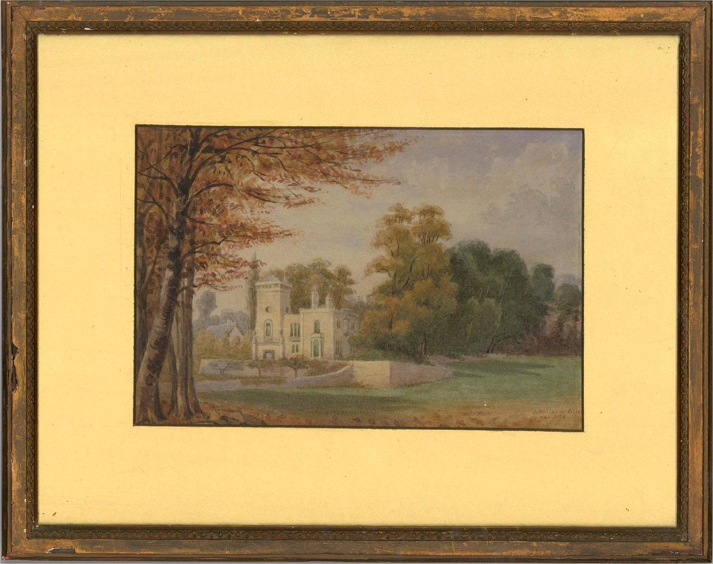 A charming watercolour of Kelston Lodge, the lodge has been framed by the Autumnal tree's and is set against a bright blue sky. Signed and dated to the lower right and well presented in a mount and distressed gilt frame. On wove.
