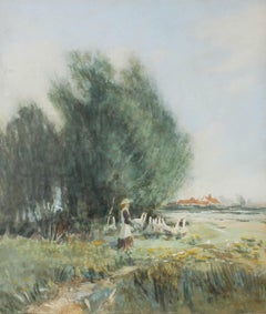 Early 20th Century Watercolour - Walking With Geese