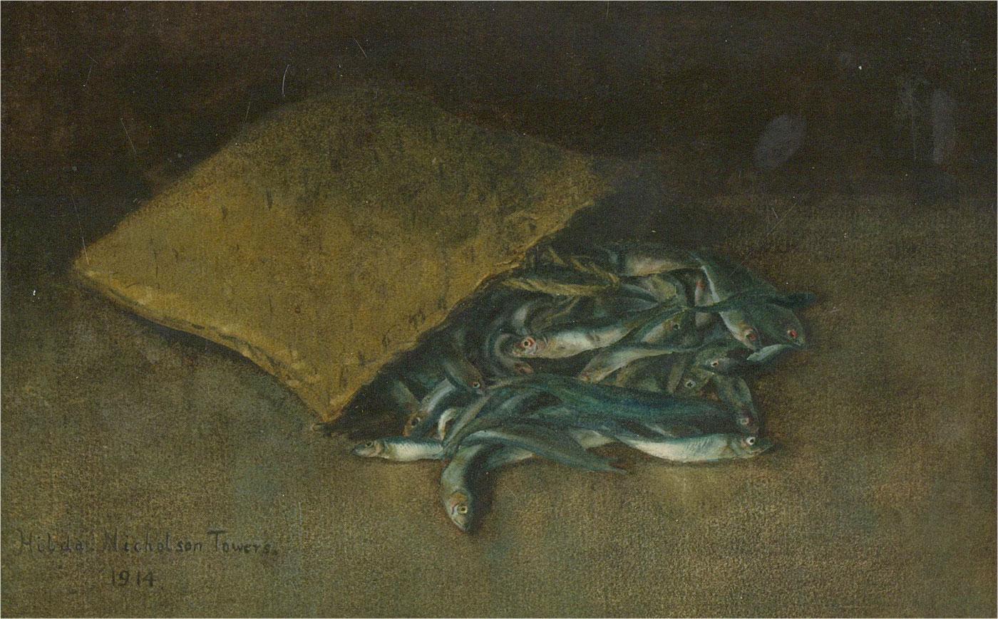 A charming early 20th Century still life showing a brown packet, with whitebait spilling out, their shiny scales catching the light. The artist has signed and dated to the lower left corner and the painting has been presented in a fine oak frame