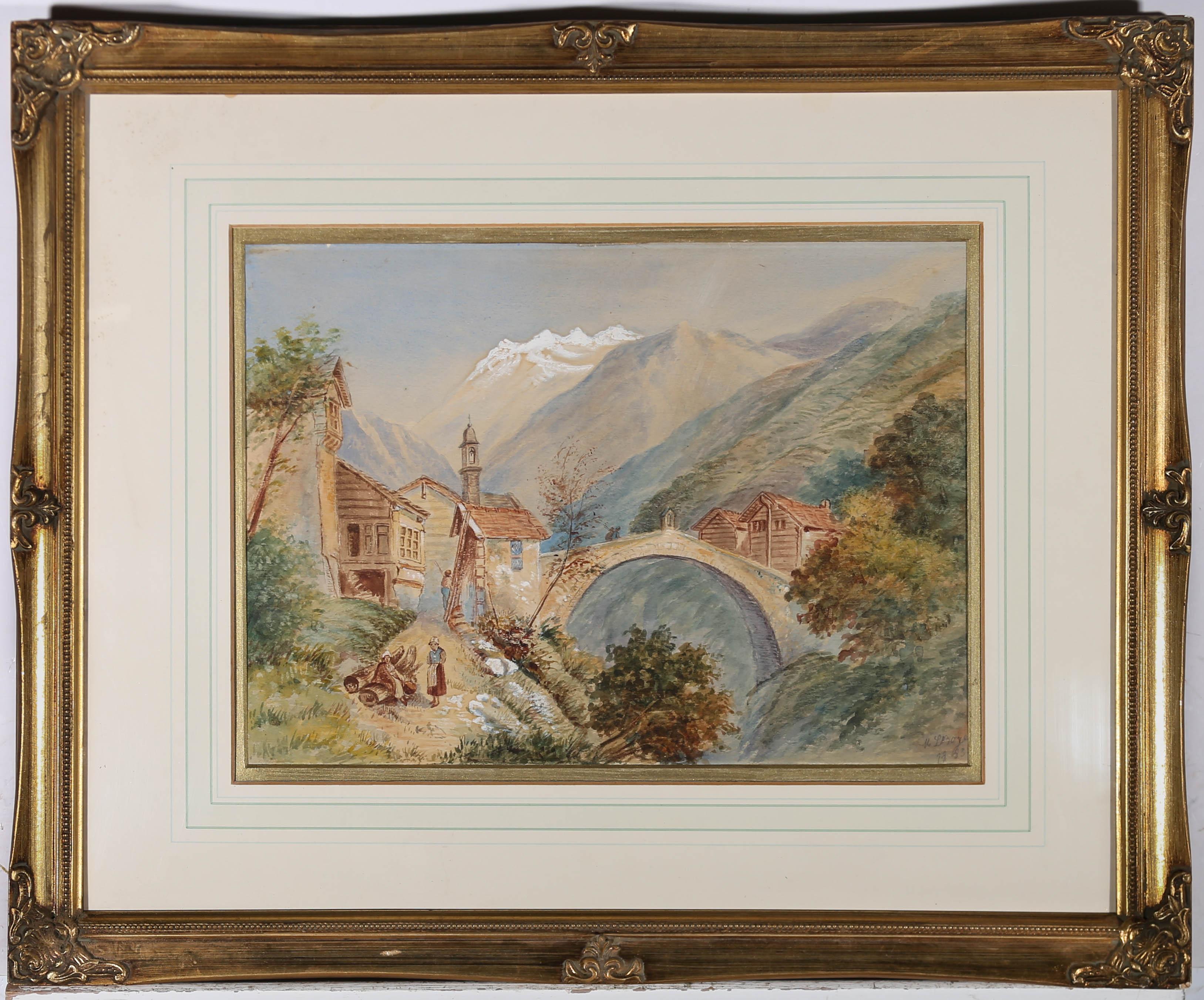 Das charmante Aquarell aus dem späten 19. Jahrhundert zeigt ein malerisches Alpendorf mit einer Steinbogenbrücke über eine Schlucht und imposanten Bergen in der Ferne. Der Künstler hat in der rechten unteren Ecke signiert und datiert. Das Gemälde