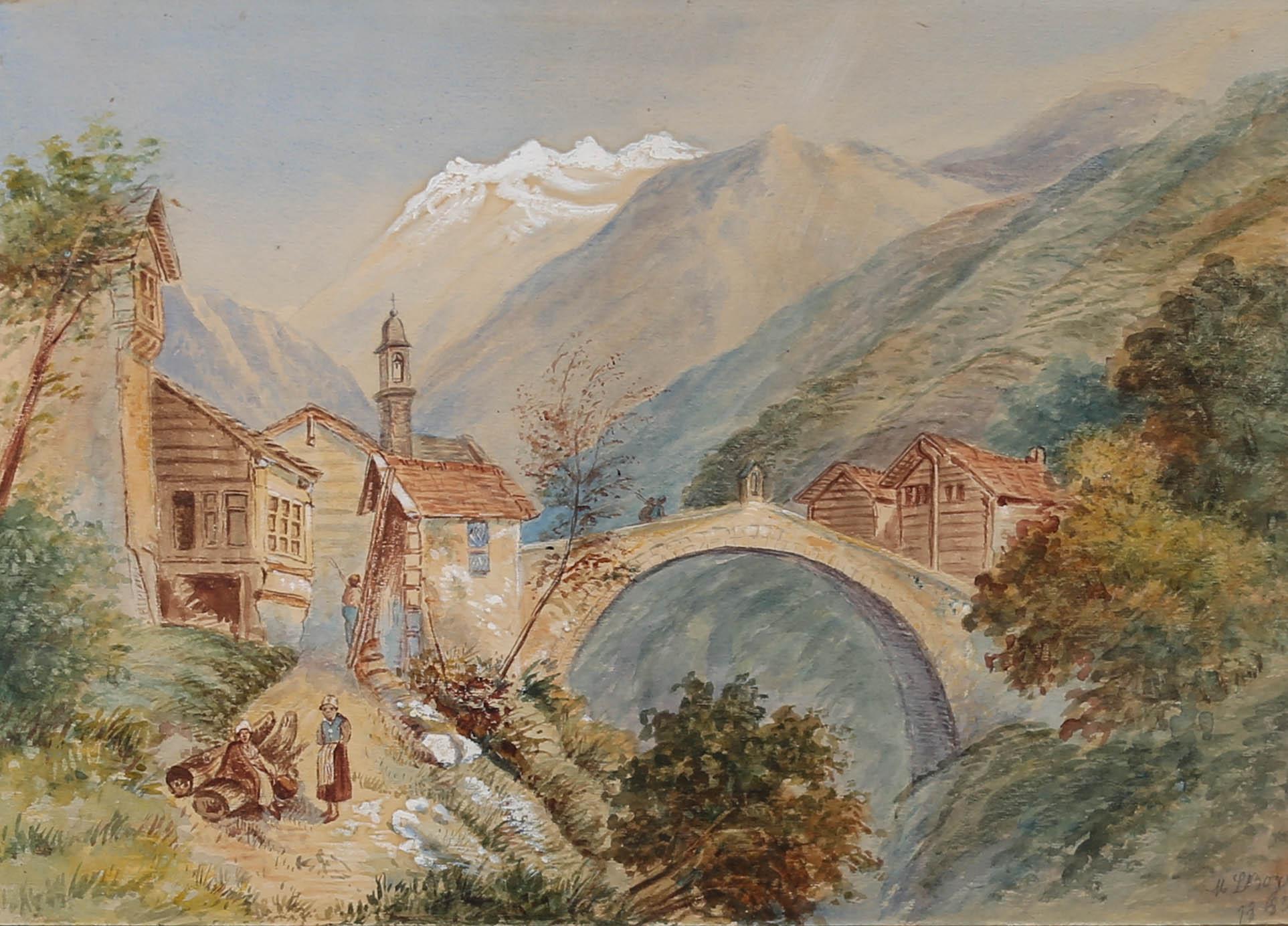 M. L. Boge - 1883 Aquarell, Alpine Village im Angebot 1
