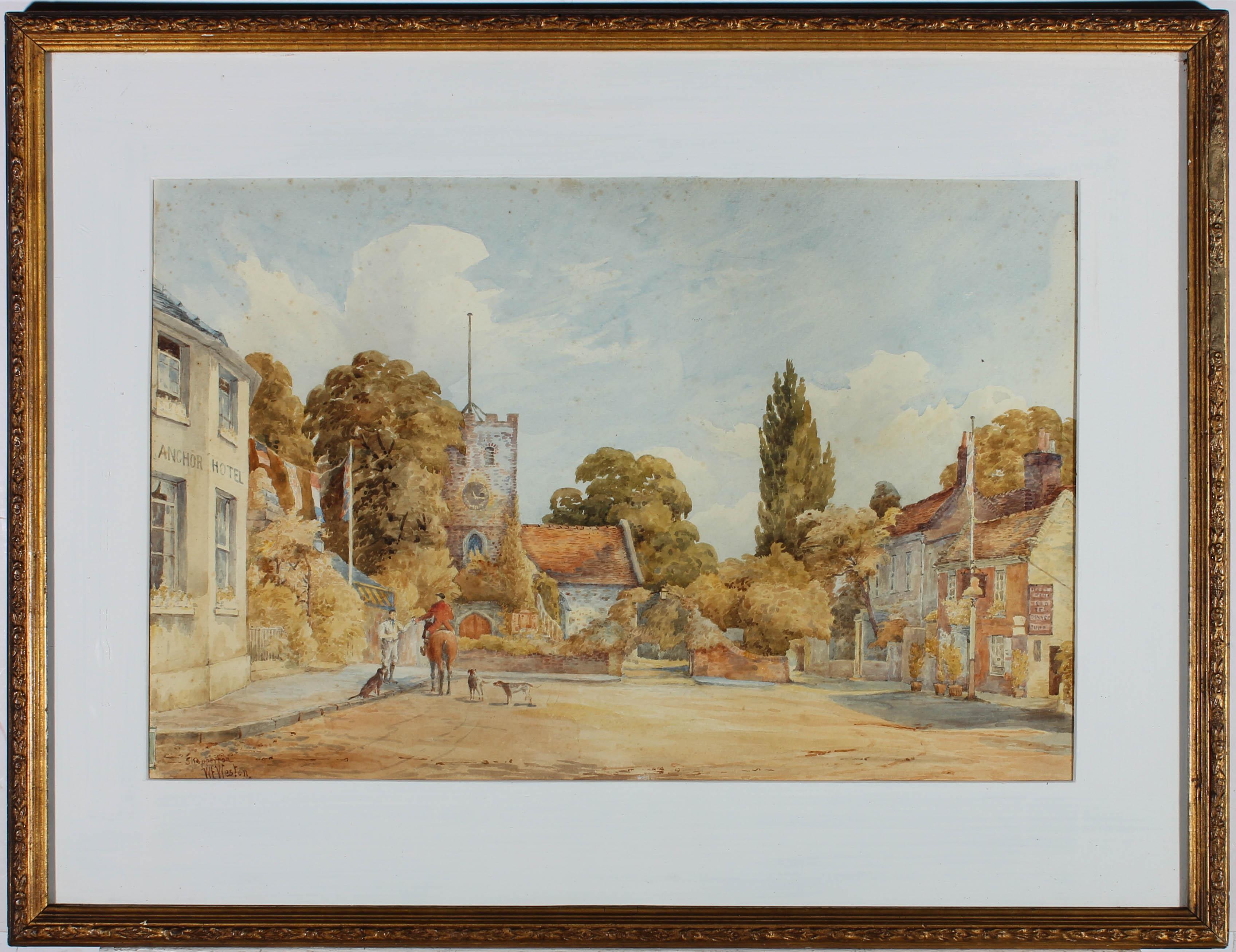 A charming watercolours painting of the village of Shepperton in Surrey. The artist has depicted a huntsman on horseback clinking drinks in celebration with a friend, outside the local hotel-pub and church. Signed to the lower left-hand corner. Well