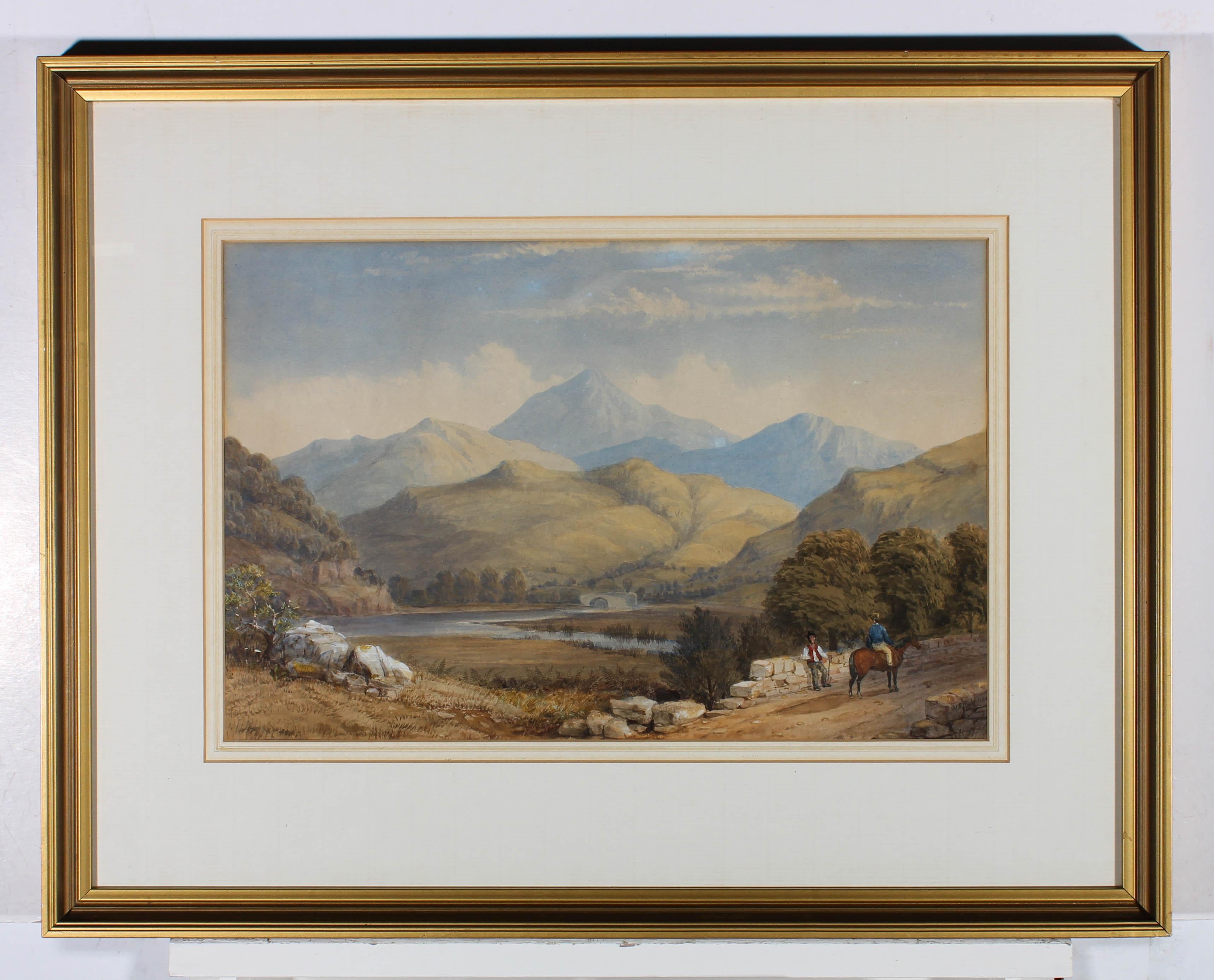 W. R. Robinson - Aquarelle du milieu du XIXe siècle, pont au-dessus du lac de montagne 4