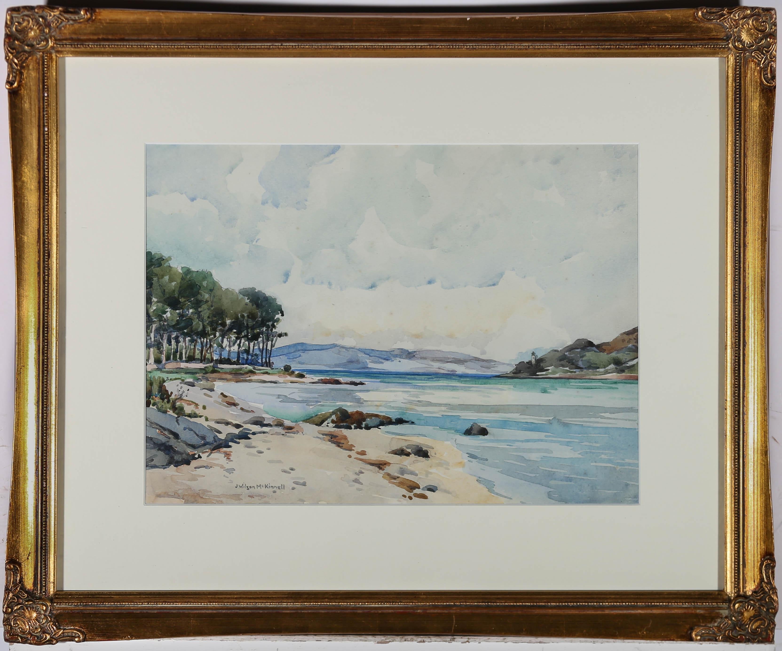 A pleasant and refreshing watercolour landscape of Campbeltown loch, by the well listed Scottish artist, James Wilson McKinnell. Signed to the lower left. Fixed to the reverse is a label inscribed with the title and artist name. Presented in a