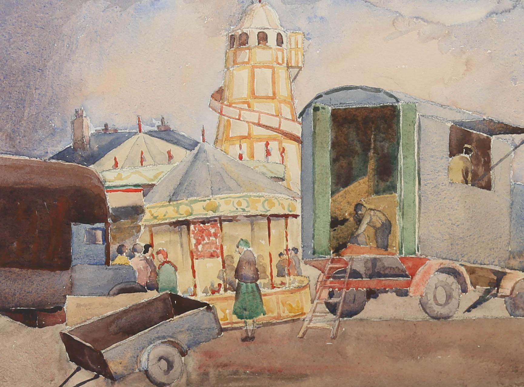 A delightful live painting of Pinner Fair in 1935. The artist has captured the trailers and helter skelter in colourful details. Unsigned. Presented in a glazed gilt frame. On watercolour paper.
