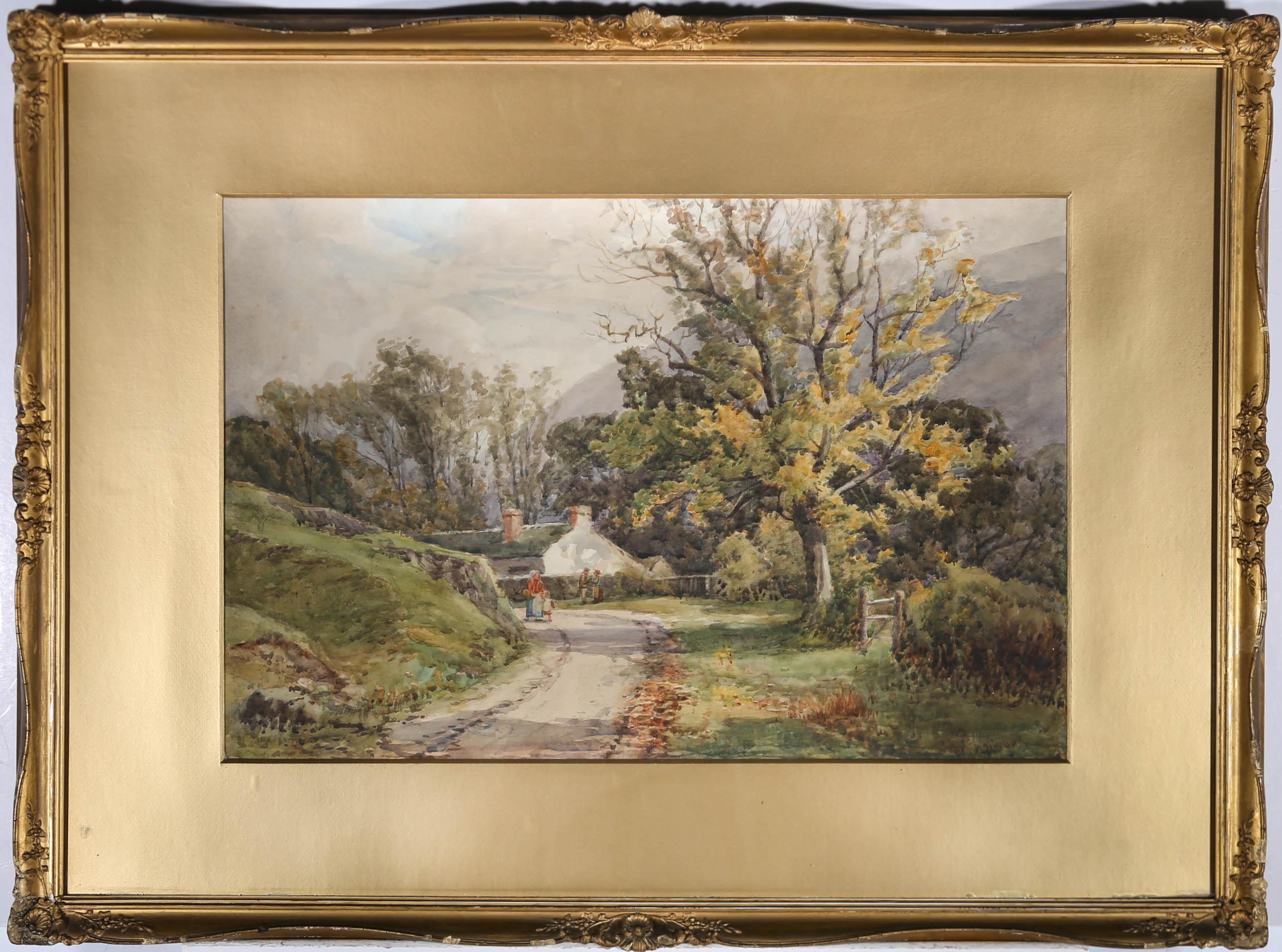 Eine sanft gemalte impressionistische Landschaft von Walter Eastwood, die eine gewundene Landstraße in Richtung des Dorfes Buttermere in Cumbria zeigt. Undeutliche Signatur des Künstlers in der rechten unteren Ecke. Verso mit einem signierten Label