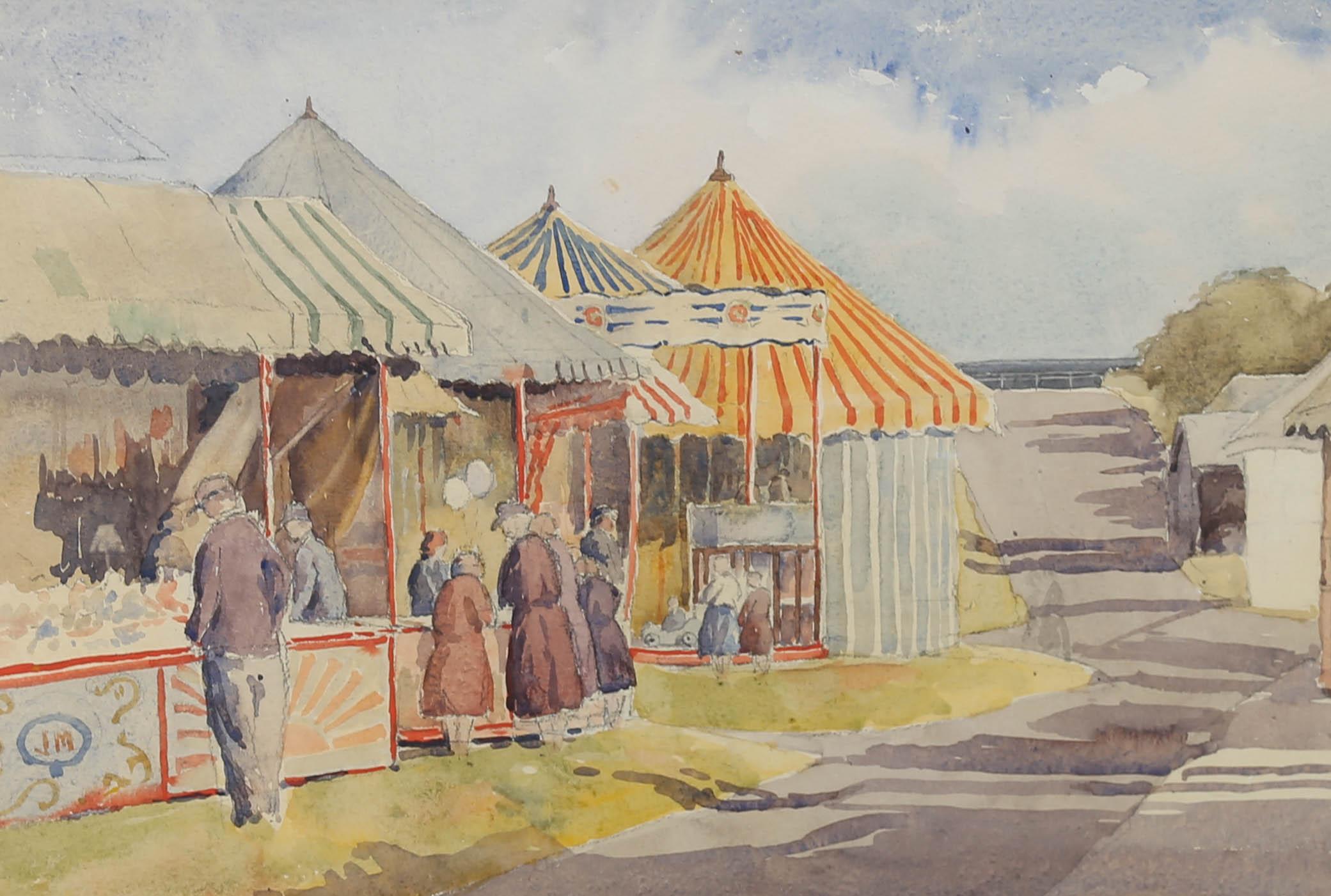 This charming scene depicts a colourful fairground with people playing games and riding fair rides. Signed to the lower right. Presented in a glazed gilt frame. On watercolour paper.