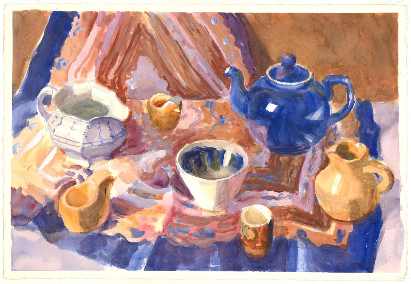 A sheet of woven boasts equally compelling watercolors on both sides. Both paintings' subjects focus on ceramic ware and are executed with beaming and vivid palettes.

Unsigned. On wove.