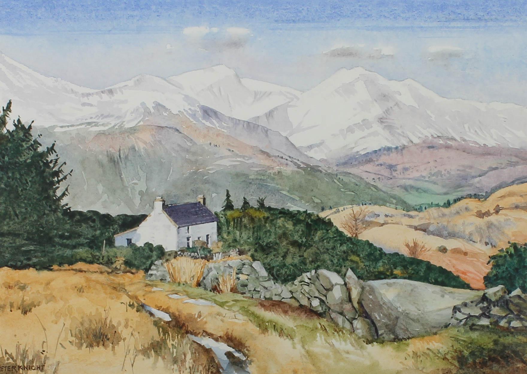 A captivating view of a remote rural landscape, with imposing white topped mountains and rolling hills. Nestled in the overgrown bracken and fir trees, is a quaint whitewashed cottage with slate roof. The painting is well presented in a contemporary