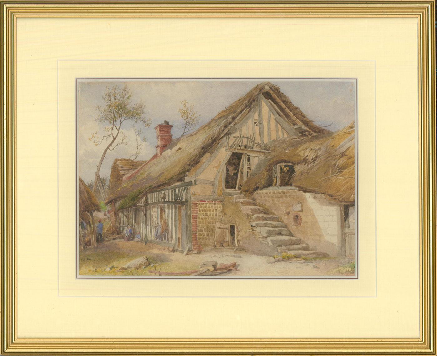 An attractive watercolours study of a rambling thatched cottage by British artist William Hull. A young child can be seen sat on their mother's knee under a porch. While a male figure looks to be taking a break from work, resting up against a wooden