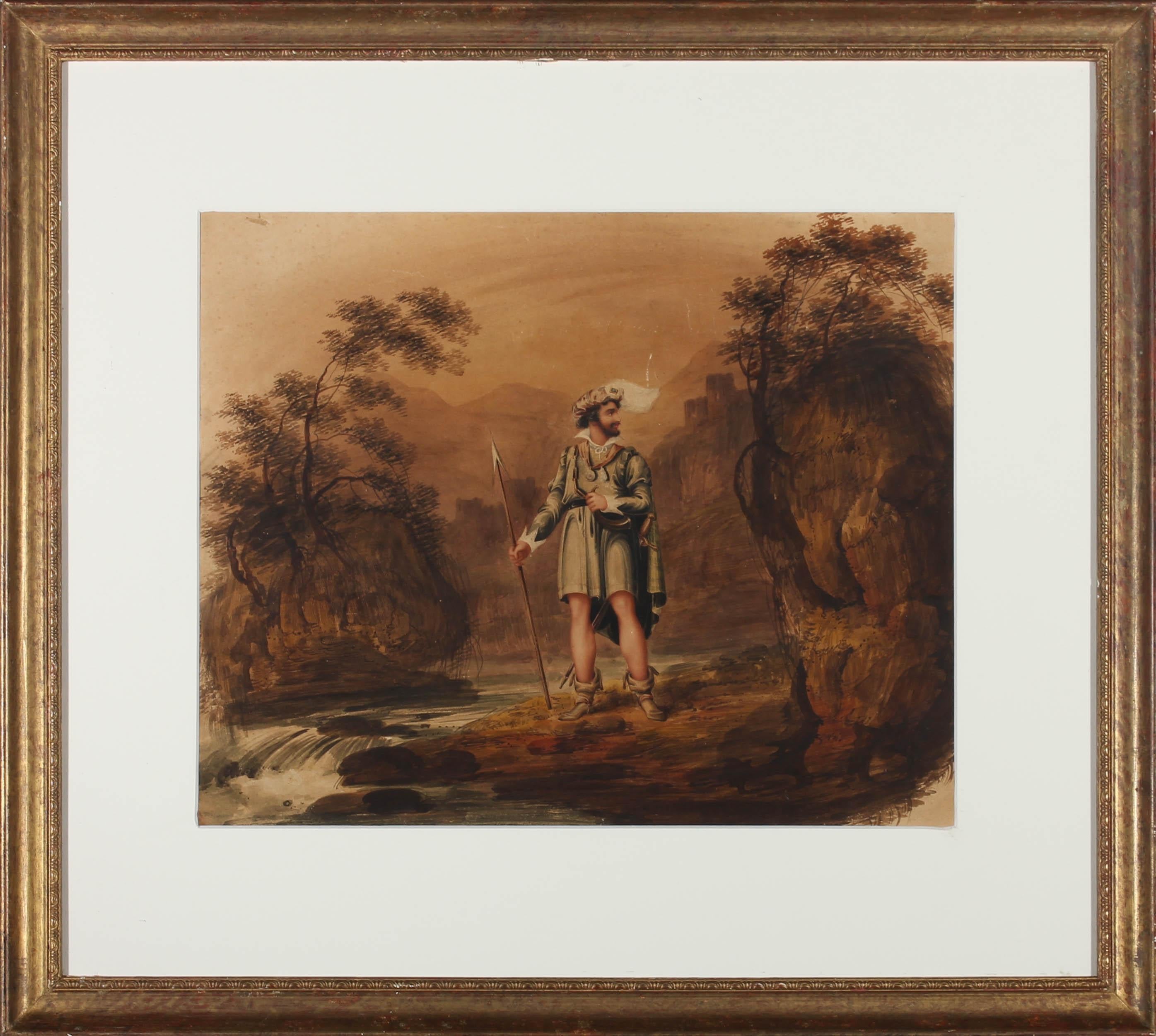 A fine watercolour composition of a gentleman in a landscape. Signed, titled and dated London 1818 verso. Well presented in a brushed gilt frame, with white card mount. Glazed. On wove.