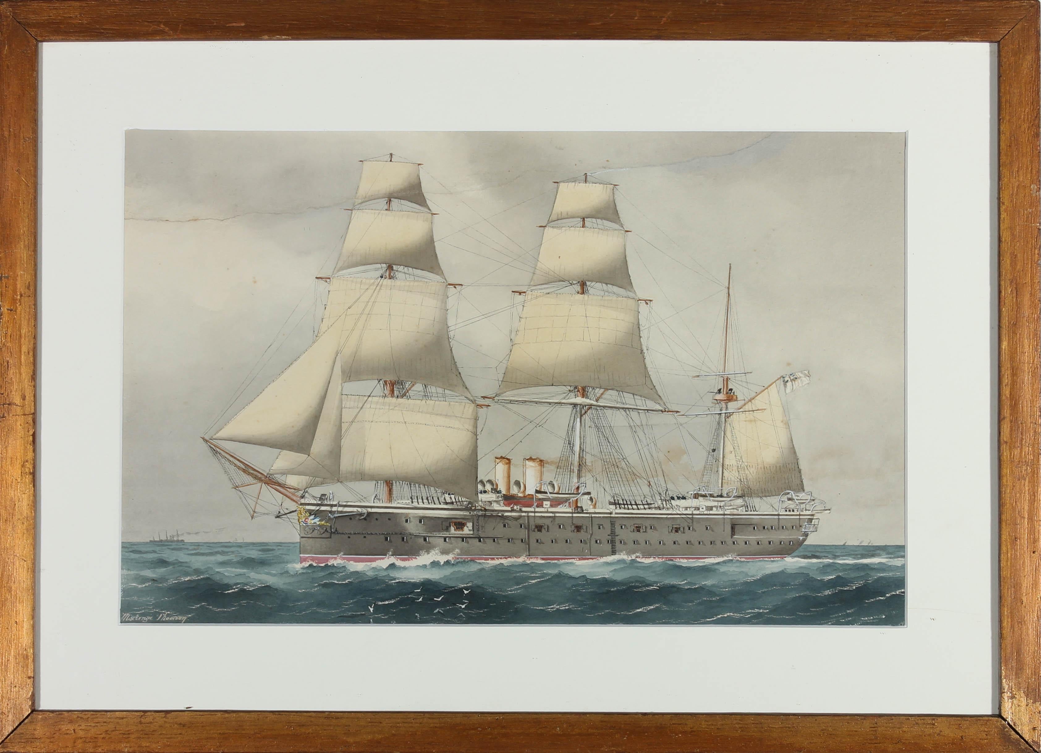 This accomplished nautical study depicts the HMS Northampton which was a Nelson-class armoured cruiser built for the Royal Navy in 1876. She was built by Napier and Sons in their yard in Scotland and was the flagship of the North America West Indies