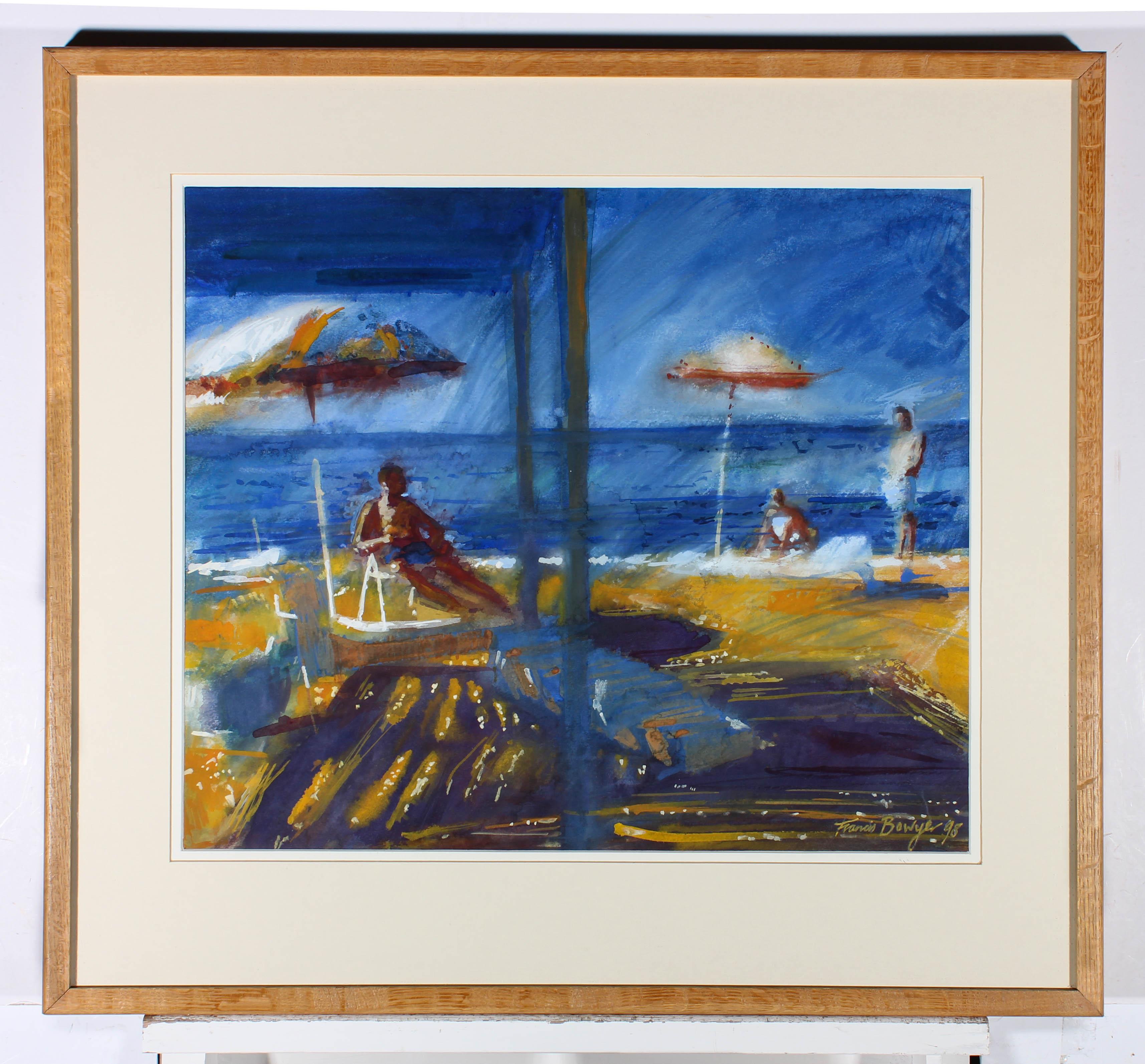 A fun and vibrant watercolour scene depicting figures lounging in deck chairs under umbrellas at the beach. Signed, titled and dated to the lower right. Presented in a glazed wooden frame. On paper.