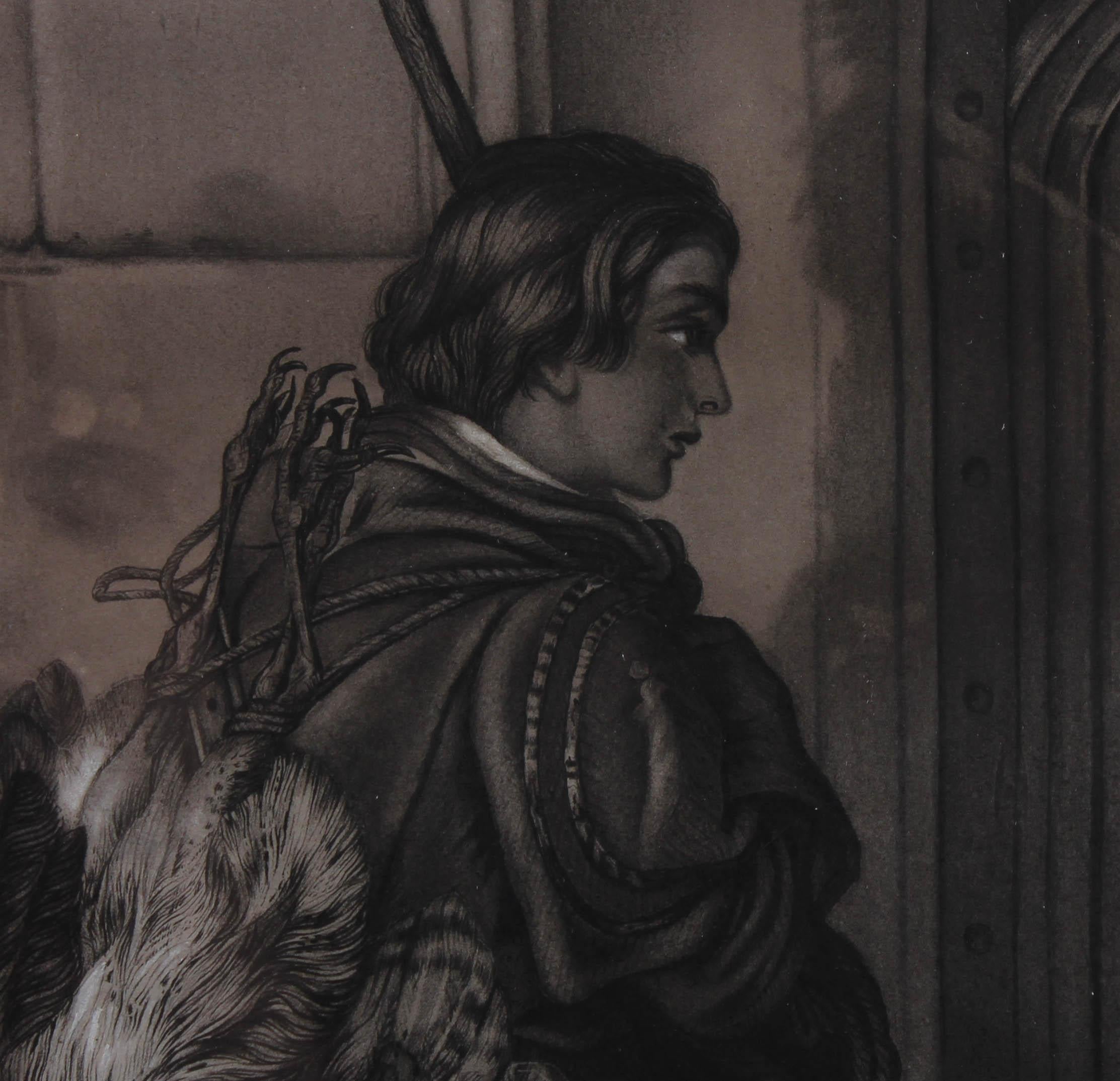 Le sac de la journée, dessin au fusain du milieu du XIXe siècle - Art de Unknown