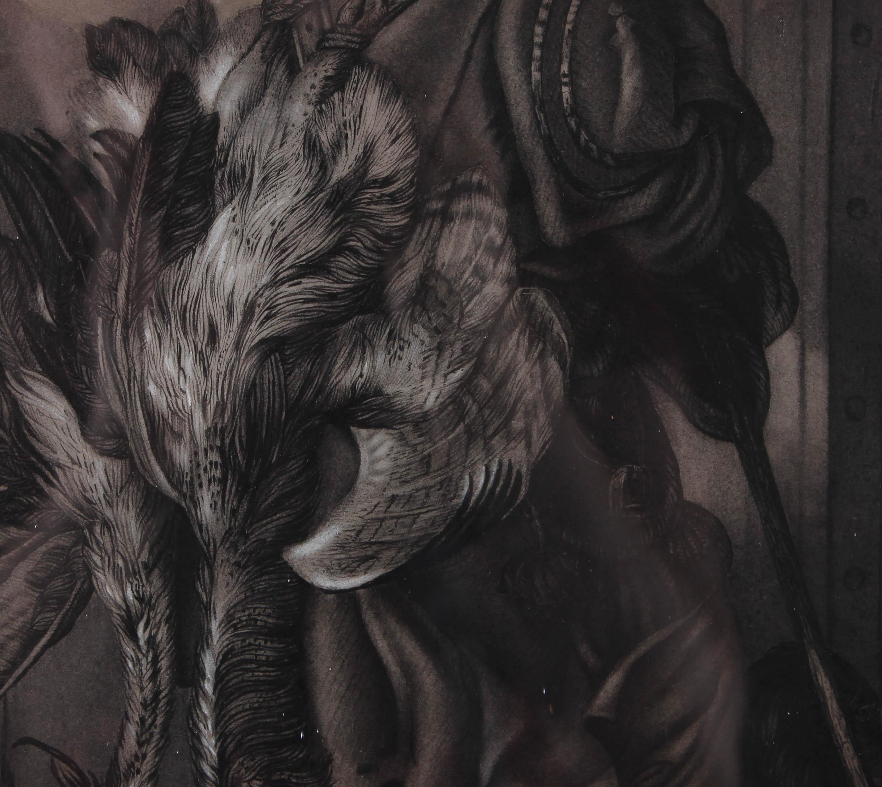 Un dessin au fusain et à la craie en grisaille représentant un homme revenant d'une journée de chasse à la grue, son sac en bandoulière. Le dessin est très détaillé et utilise une excellente perception des tons pour créer de la profondeur dans la