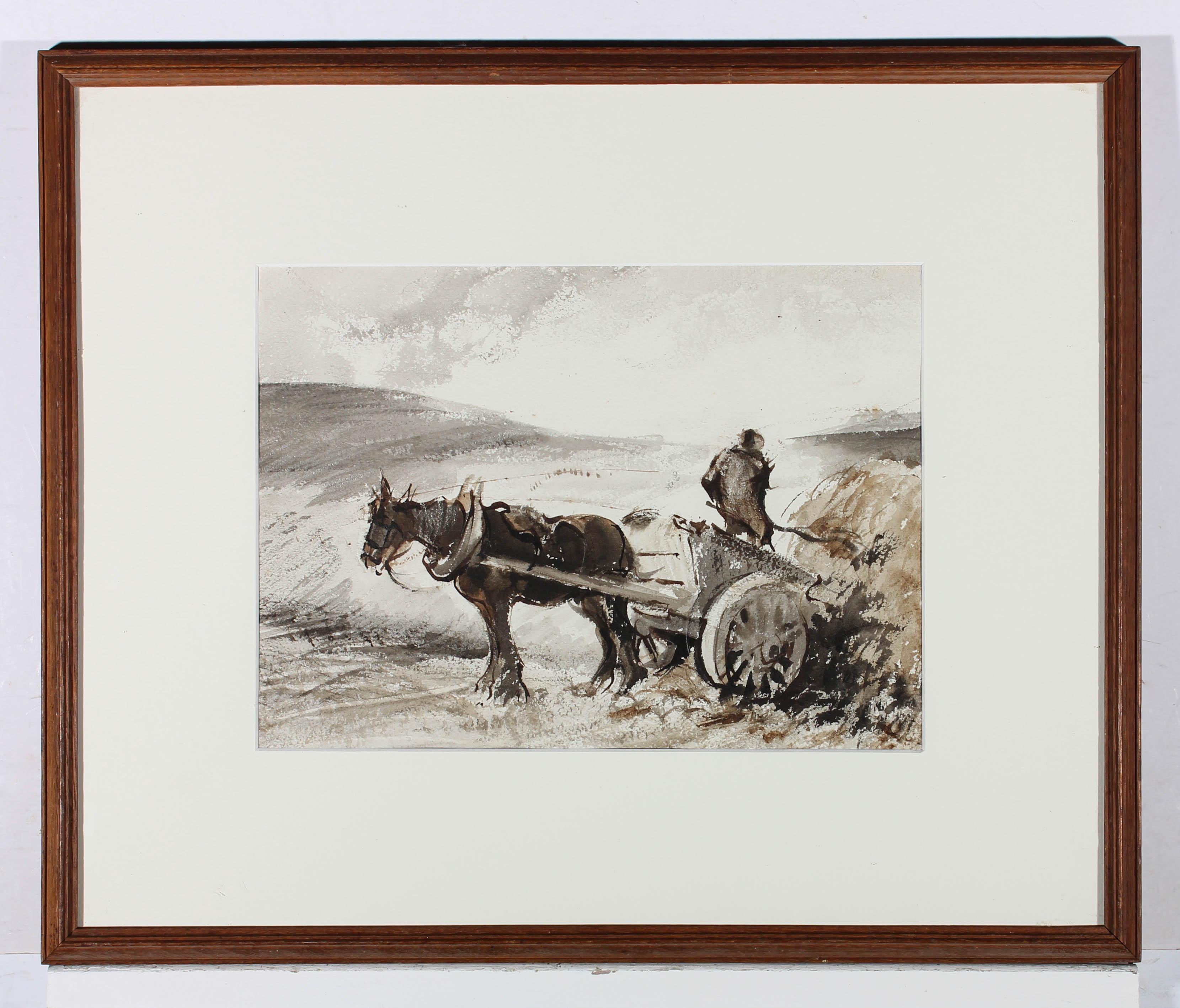 A gestural countryside scene in muted colours, depicting a farmer standing on the back of a horse drawn cart, gathering in a pile of straw before the rain. The painting is attractively presented in a contemporary slim wooden frame and white card