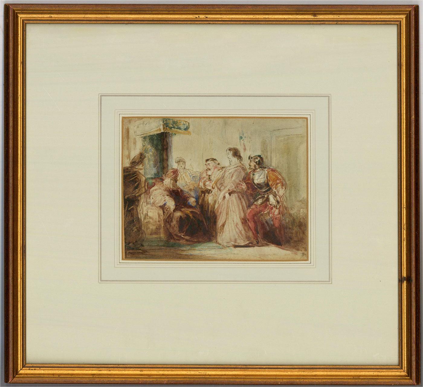 A Shakespearean scene similar to others by the artist featuring a king being approached by various figures. Well presented in a white mount and gilt frame. Unsigned. On wove.








