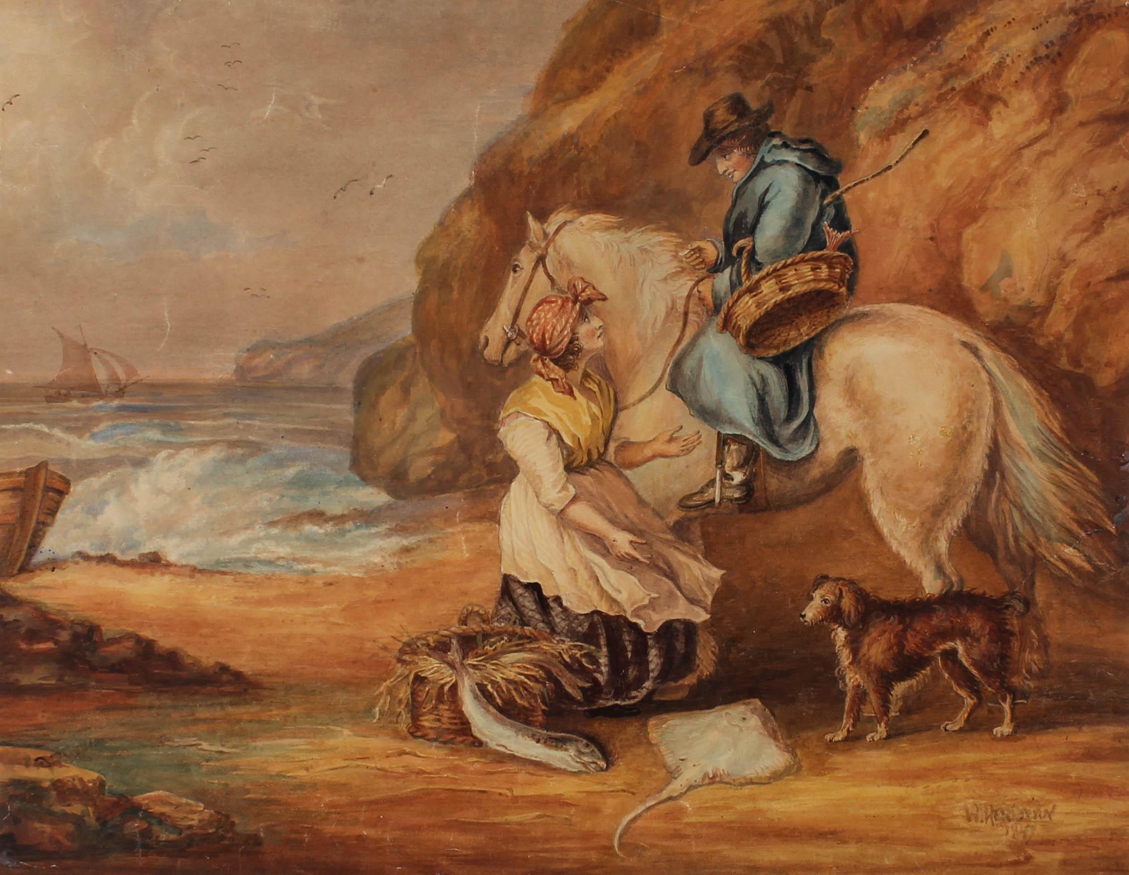 After George Morland - 1847 Watercolour, Selling Fish - Art by George Moorland