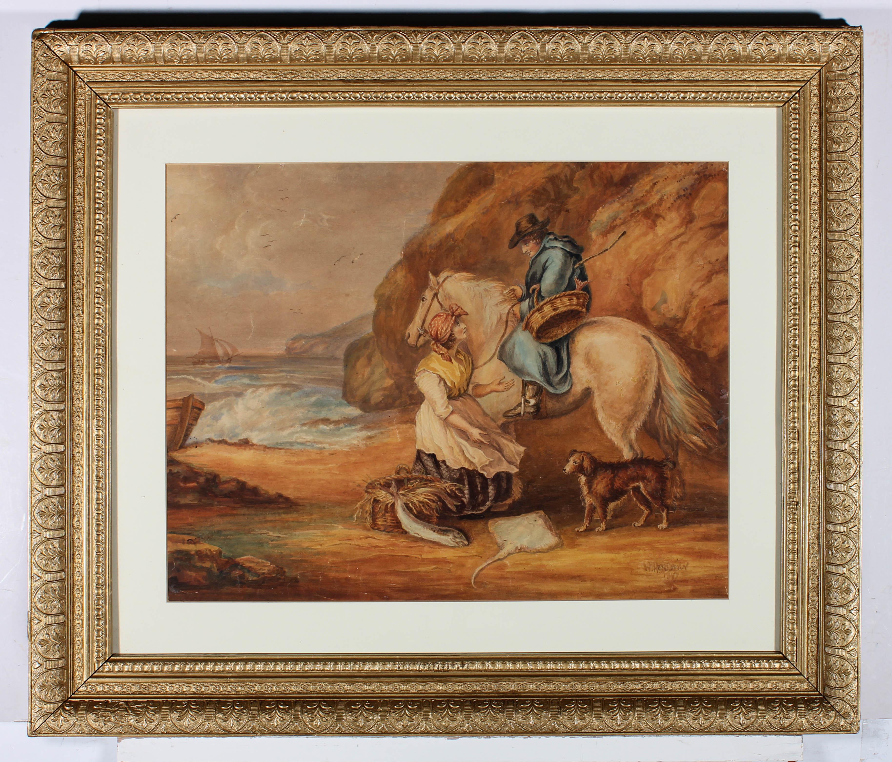 This charming watercolour scene is after George Moorland's original oil painting depicting a woman trying to sell fish to a man on horseback. A small terrier dog looks at the array of fish that spill from the woman's baskets as she reaches up to