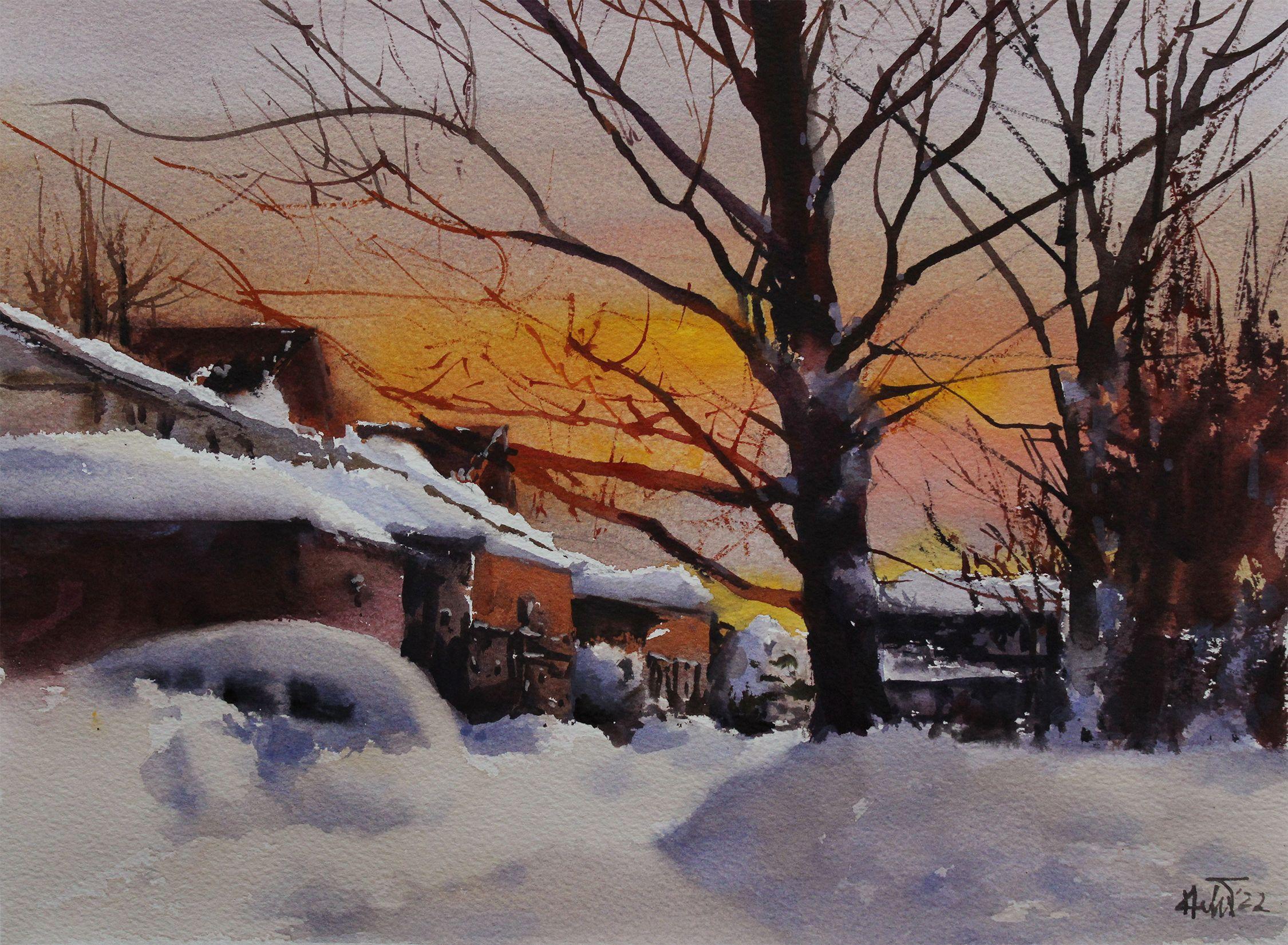 Snow in Canada_07, Painting, Watercolor on Watercolor Paper - Art by Helal Uddin