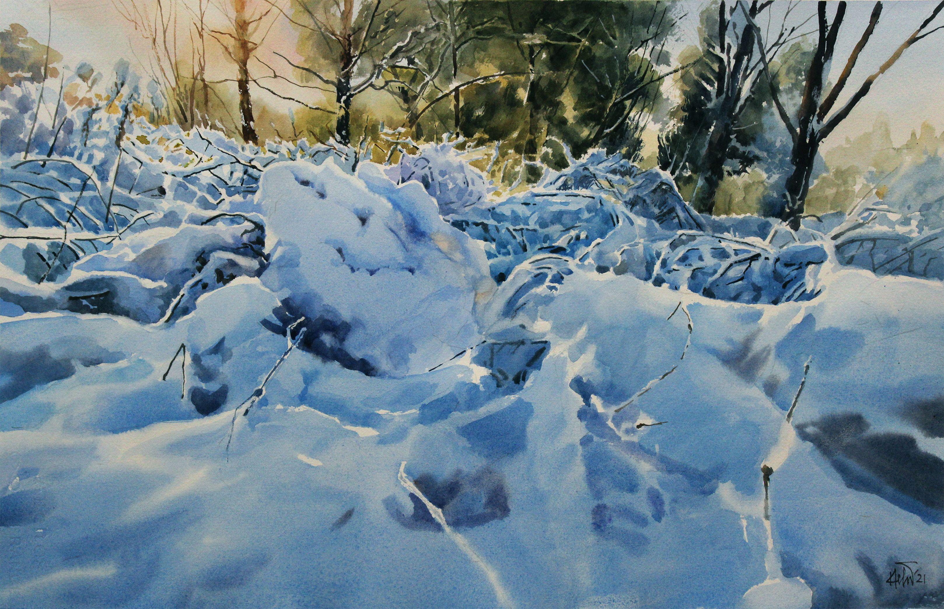 Snow in Canada_03, Painting, Watercolor on Watercolor Paper - Art by Helal Uddin