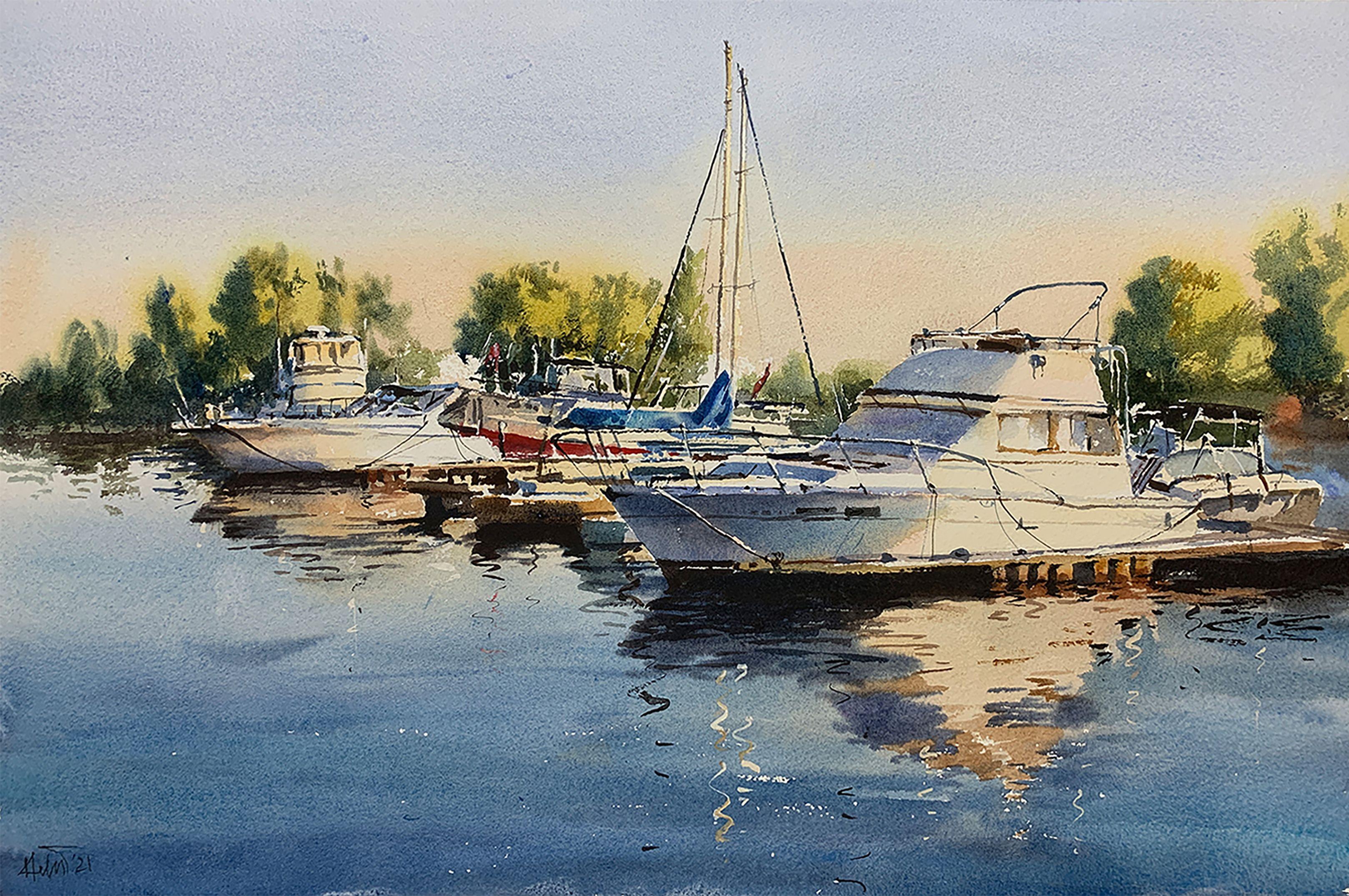 Water and Boat_04, Painting, Watercolor on Watercolor Paper - Art by Helal Uddin