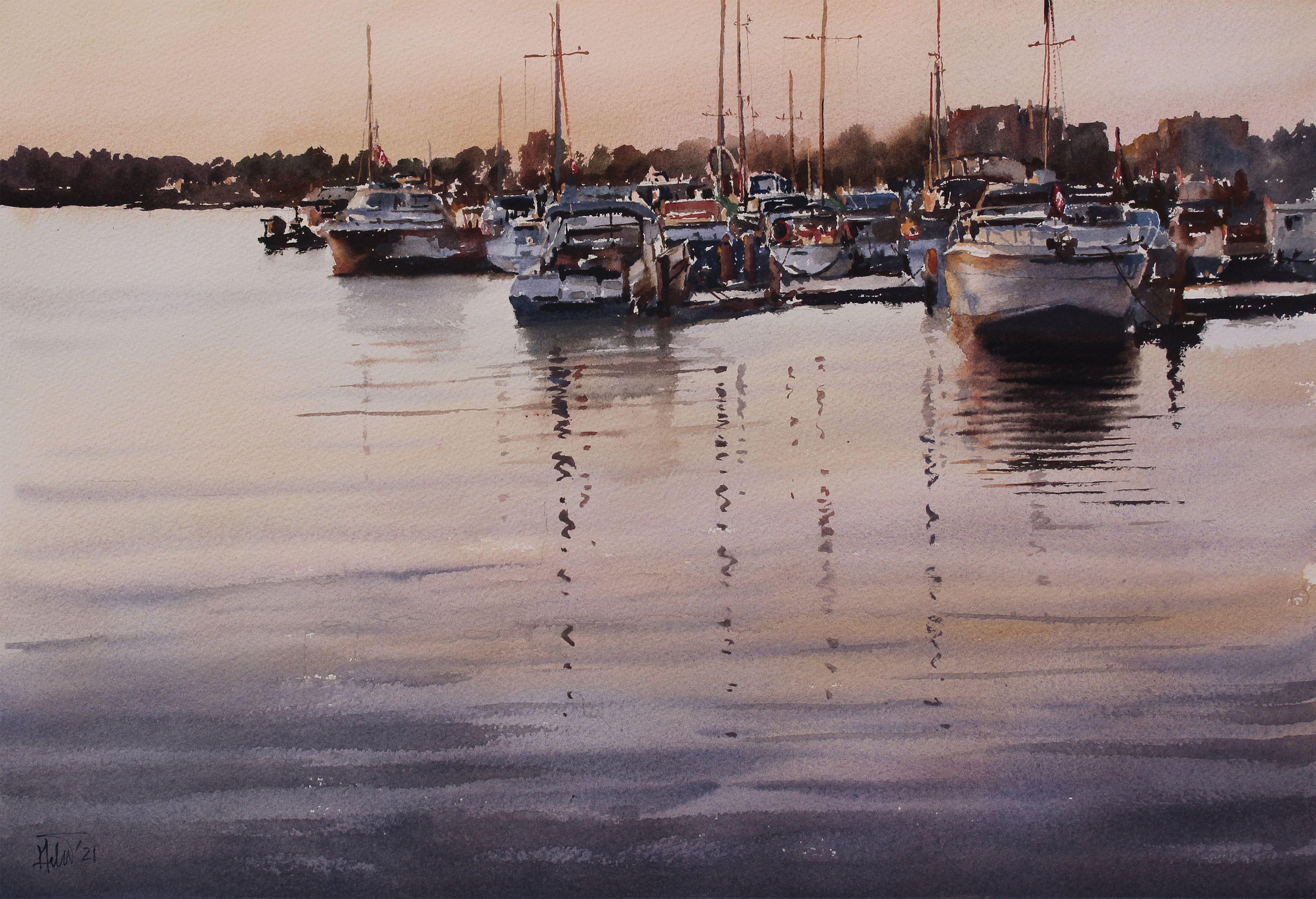 Water and Boat 03, Painting, Watercolor on Watercolor Paper - Art by Helal Uddin