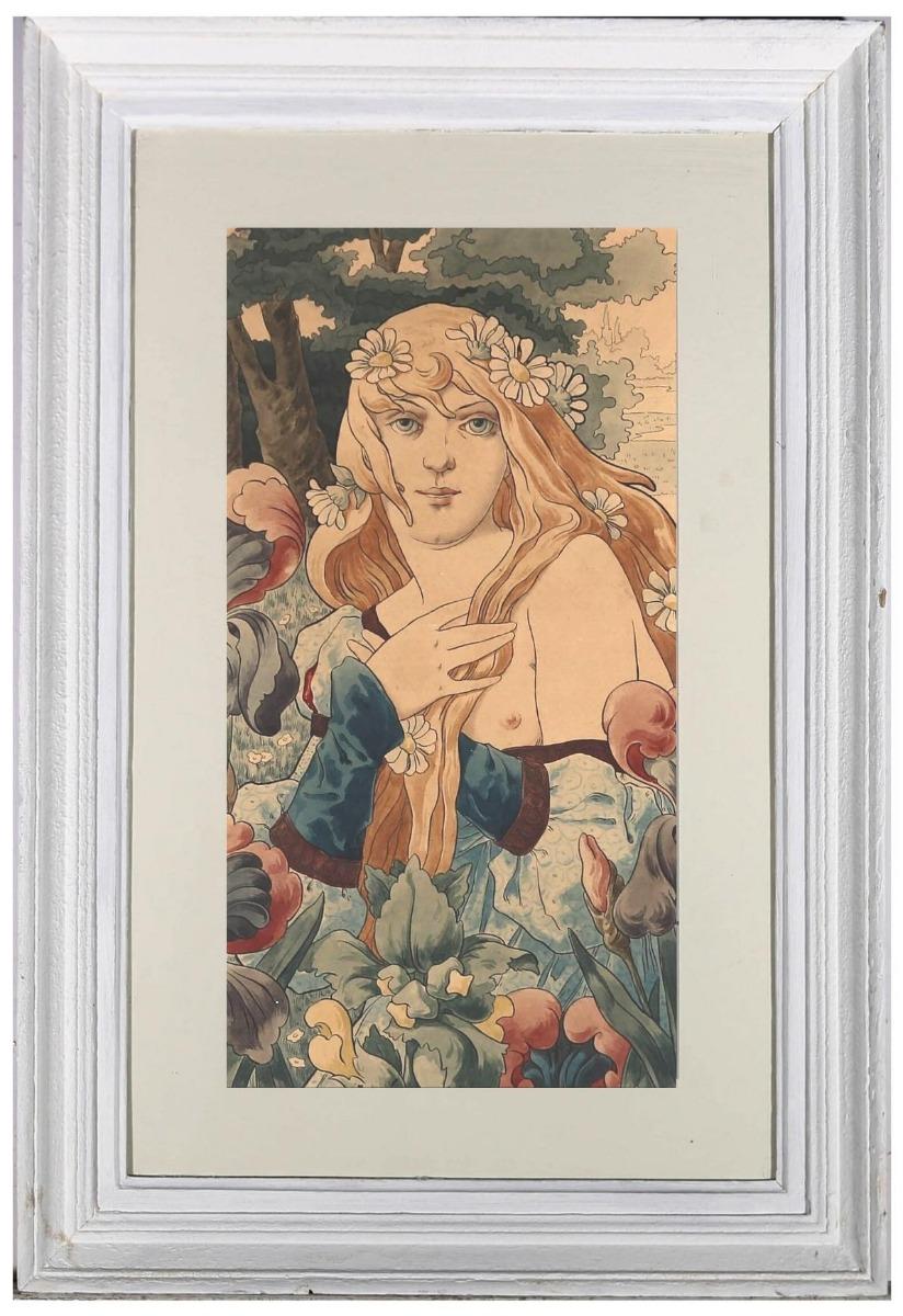 A beautiful Art Nouveau illustration from the turn of the 20th Century, in watercolour and ink, showing a red haired maiden, surrounded by irises and daisies, in a leafy landscape. Her auburn hair flows around her and the black line work is