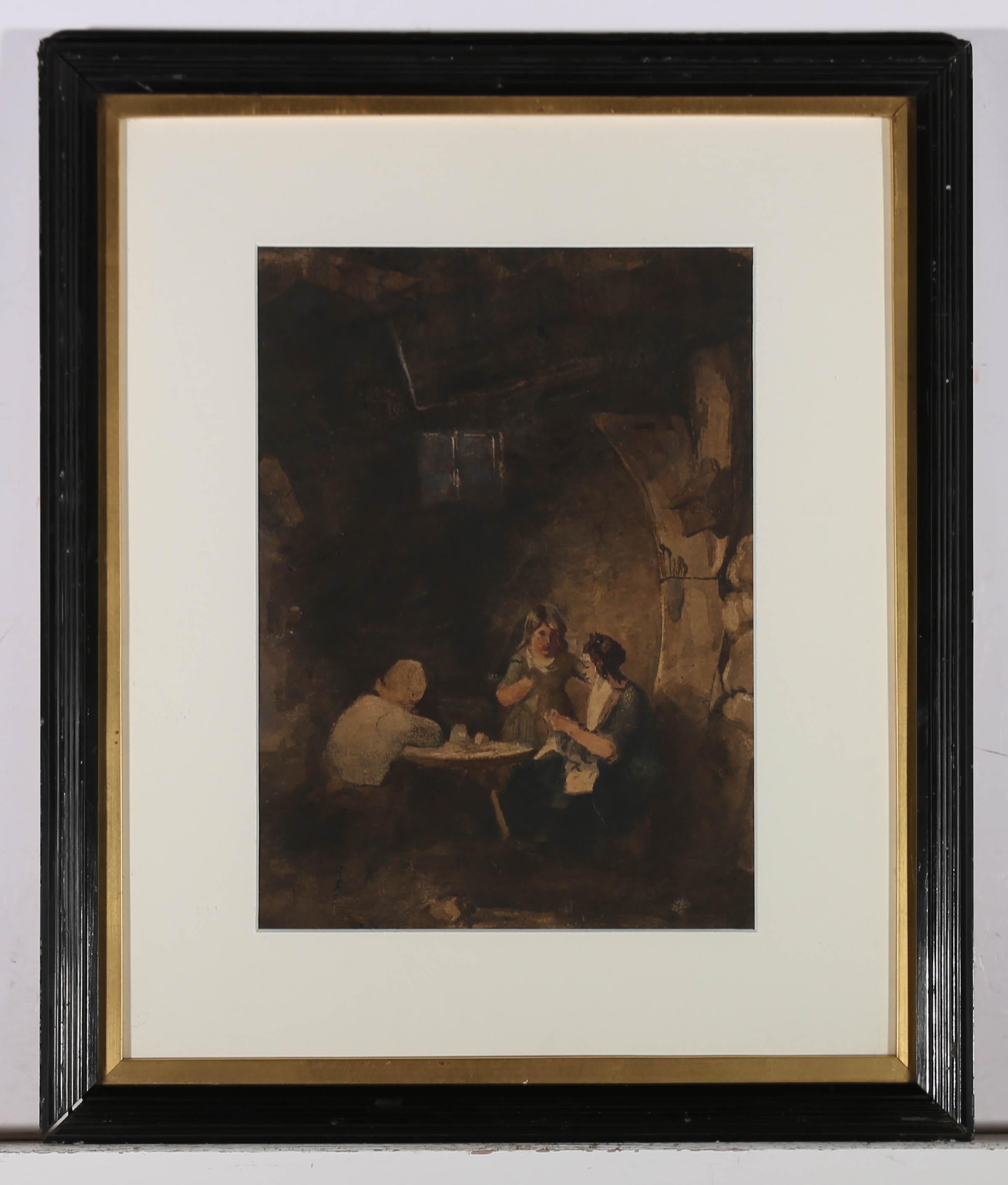This charming 19th century watercolour depicts people gathered around a table. The soft light of the fire illuminates the three figures who sew and talk into the night. The motif has a strong resemblance to the work of Dutch painter Joseph Israels