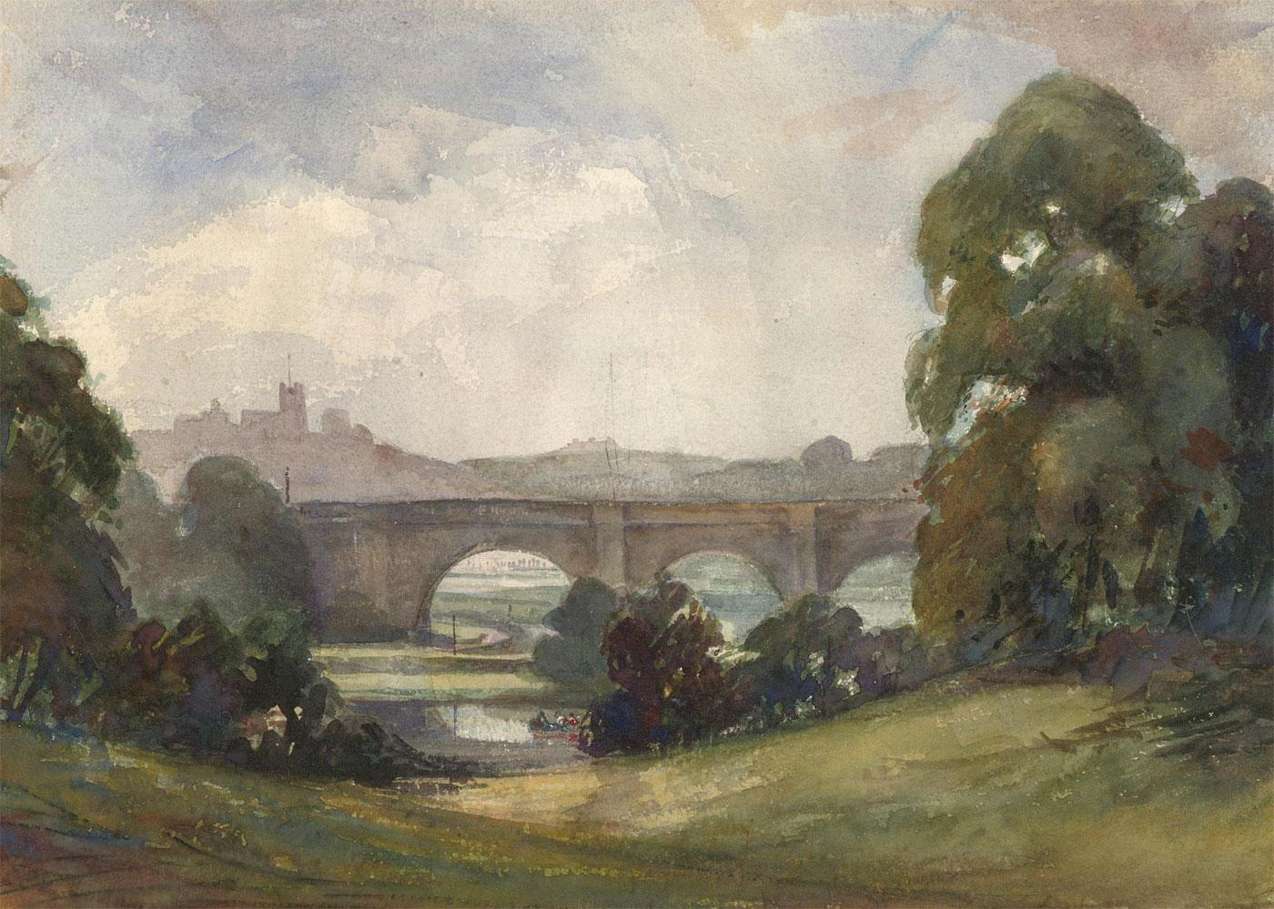 An extensive landscape view depicting a stone bridge spanning a river, with distant castle, Possibly Windsor. Unsigned. Presented in a wash-line mount.