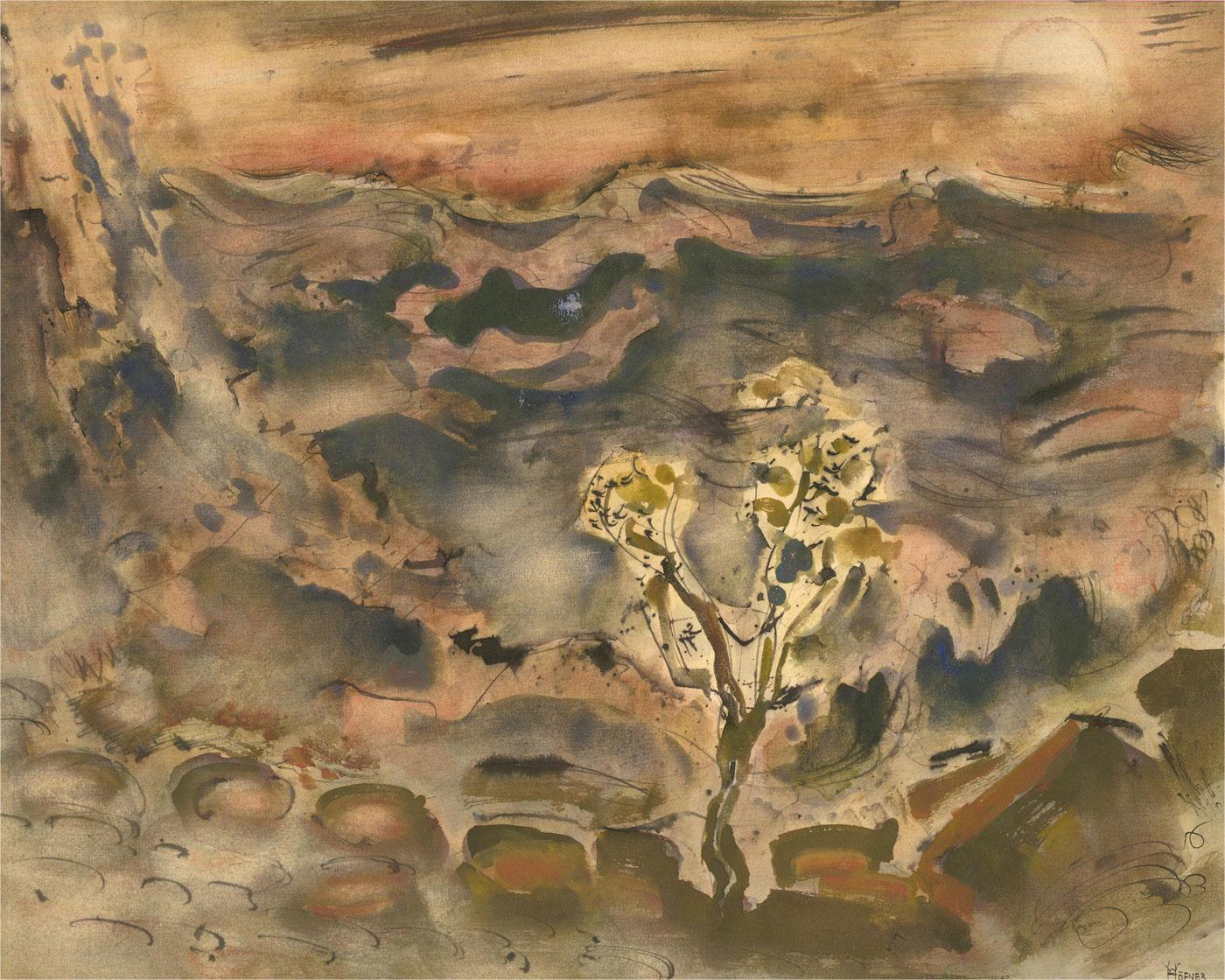 A charming study depicting a tree in a barren landscape. The artist uses earthy tones and sweeping brush strokes, creating a great sense of movement within the scene. Signed and dated to the lower right. On laid.




