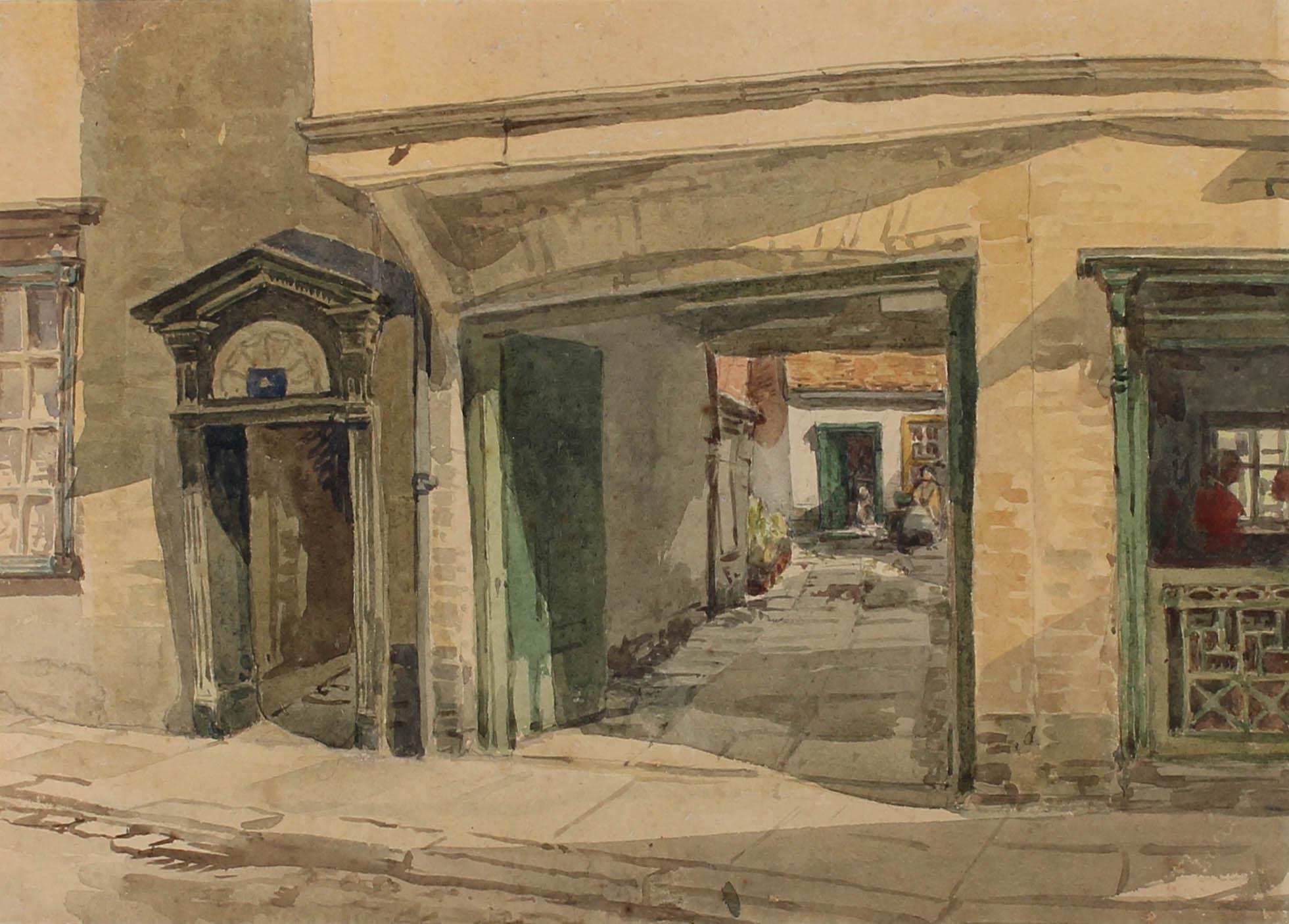Attribut. John Wykeham Archer (1808-1864) – Gerahmtes Aquarell, Norwich Courtyard im Angebot 1