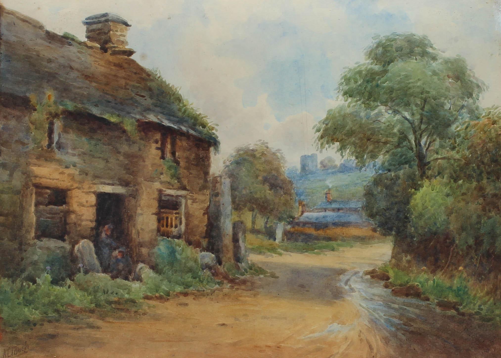 A charming watercolours view of Gryffin, North Wales. A woman and child stand in the doorway of an old stone cottage to the left. The artist has signed to the lower left corner and the painting has been presented in a fine early 20th Century gilt