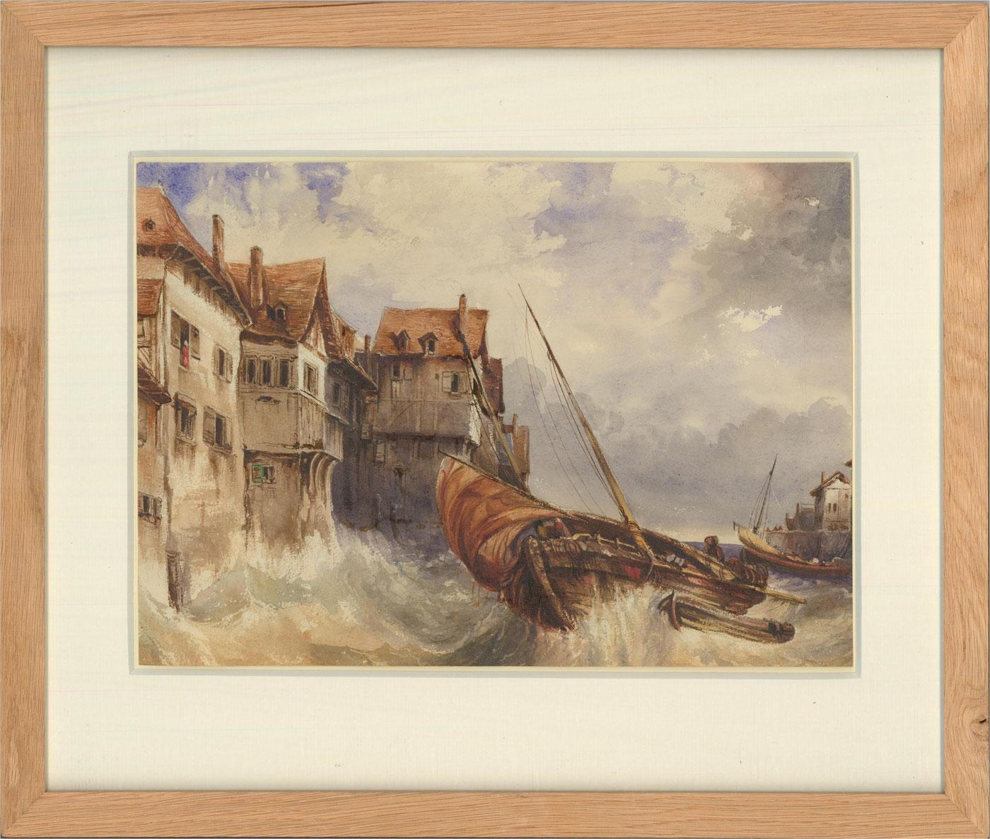 Unknown Figurative Art - Framed Mid 19th Century Watercolour - Blustery Harbour