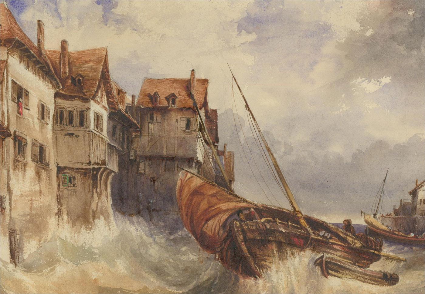 A well presented watercolour painting, depicting a blustery and unsteady day in the harbour. Waves have been captured by the artist crashing against coastal homes, while the little boat seems to be almost capsized. The colour palette of the painting