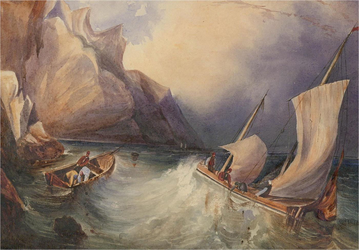 Aquarelle du XIXe siècle - Voilier au-dessus de vagues rocheuses - Beige Figurative Art par Unknown