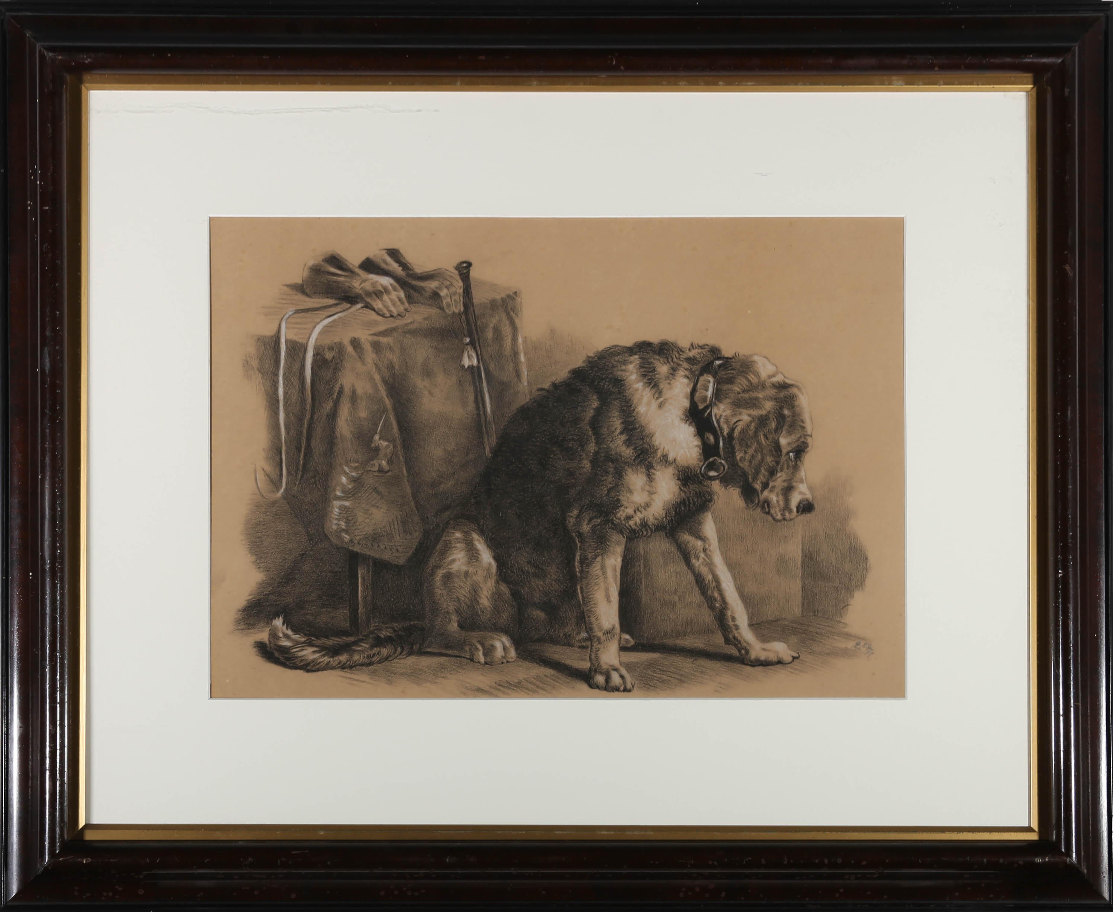 Unknown Animal Art - Large Framed Late 19th Century Charcoal Drawing - Obedient Hound